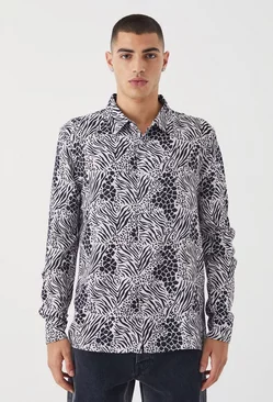 Long Sleeve Viscose Monochrome Floral Shirt Black
