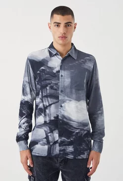 Grey Long Sleeve Viscose Abstract Floral Shirt