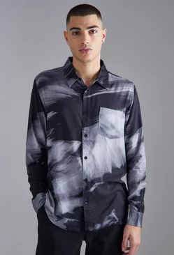 Long Sleeve Viscose Abstract Tie Dye Shirt Grey