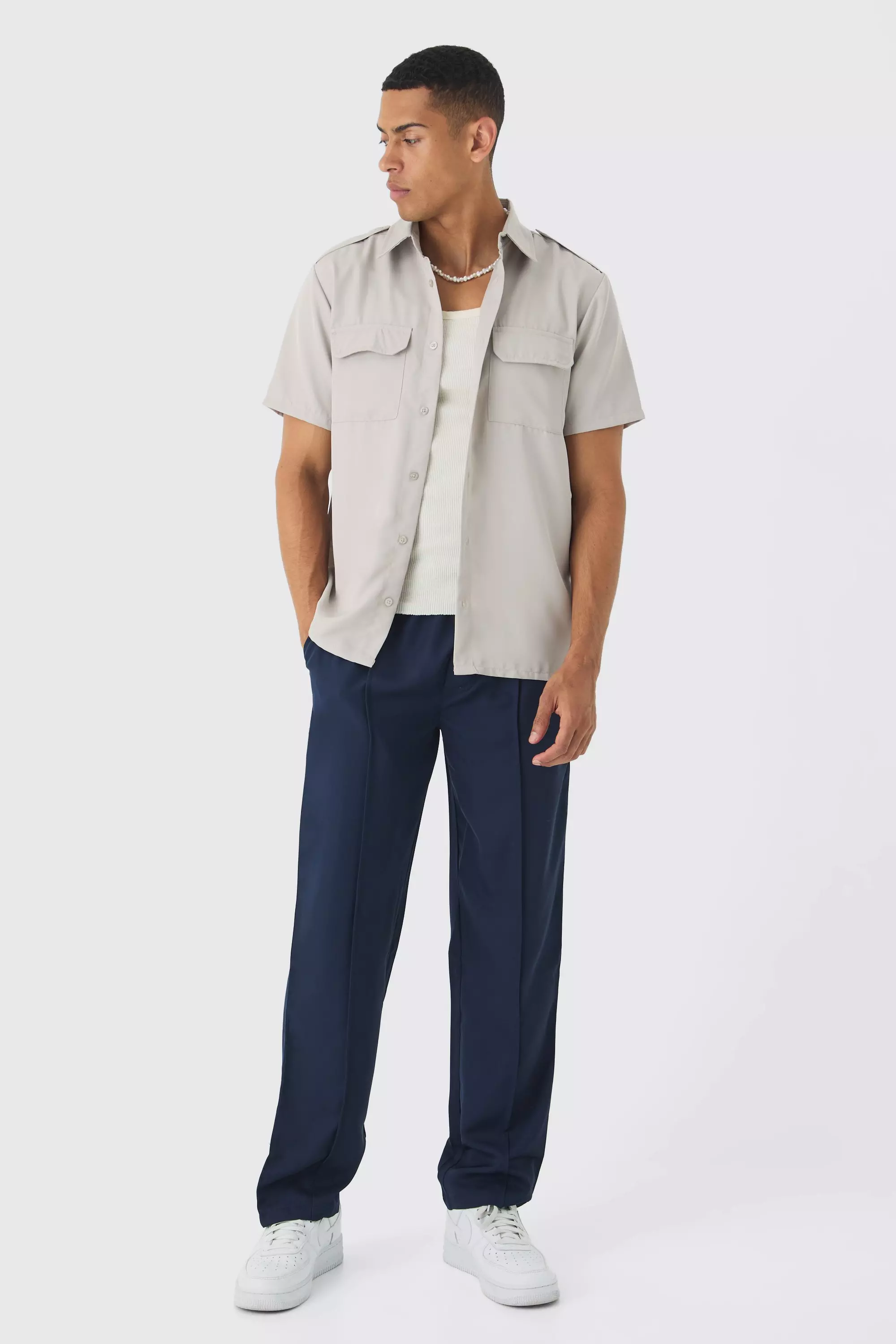 Short Sleeve Utility Twill Shirt & Pintuck Pants Set Multi