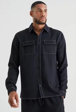 Tall Contrast Stitch Twill Overshirt Black