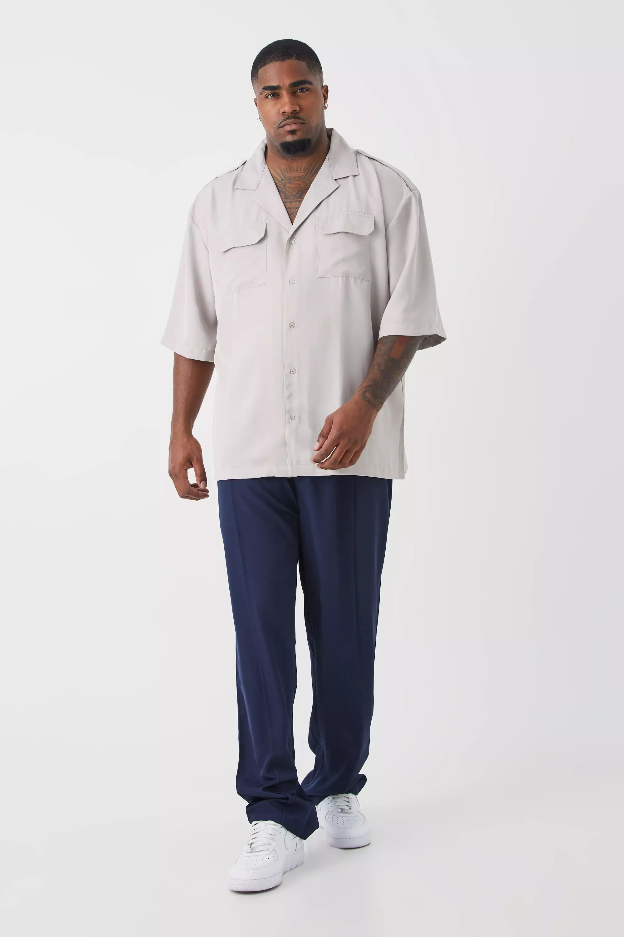 Plus Utility Drop Shoulder Twill Shirt & Pintuck Pants Set Multi