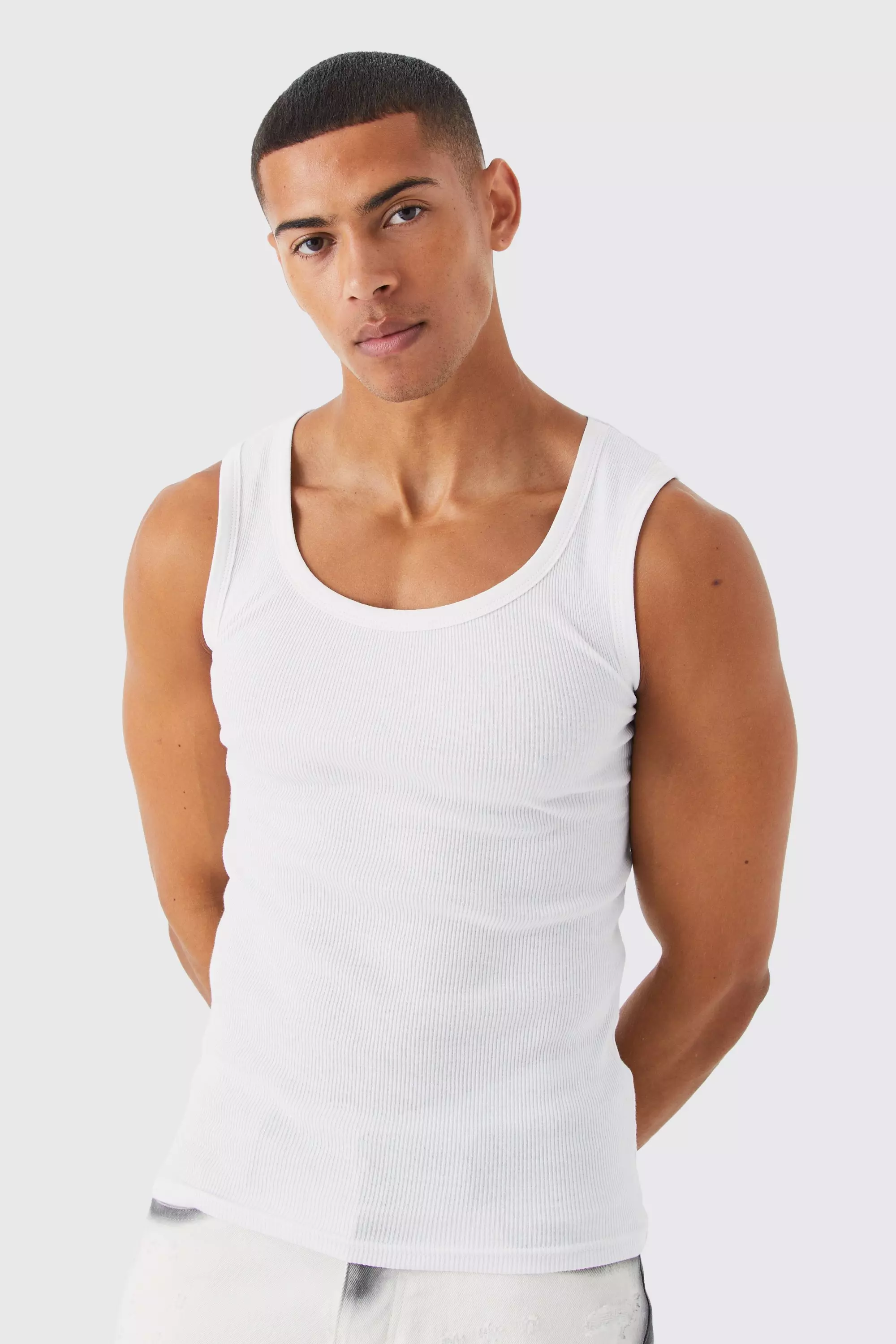 White Ribbed Muscle Fit Vest