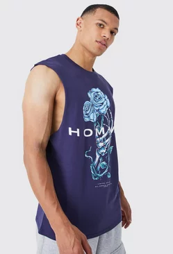 Navy Tall Floral Homme Tank