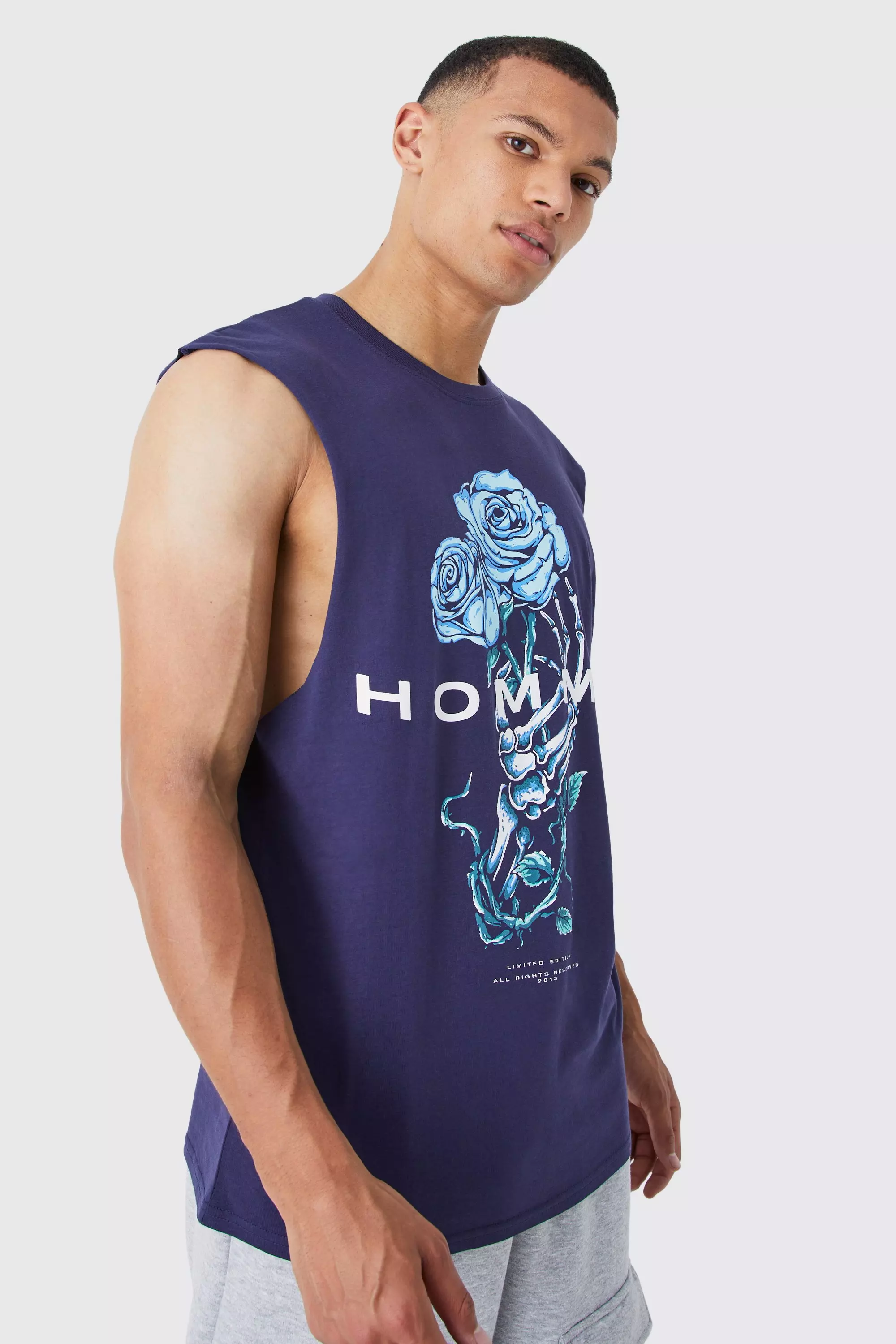 Tall Floral Homme Tank Navy
