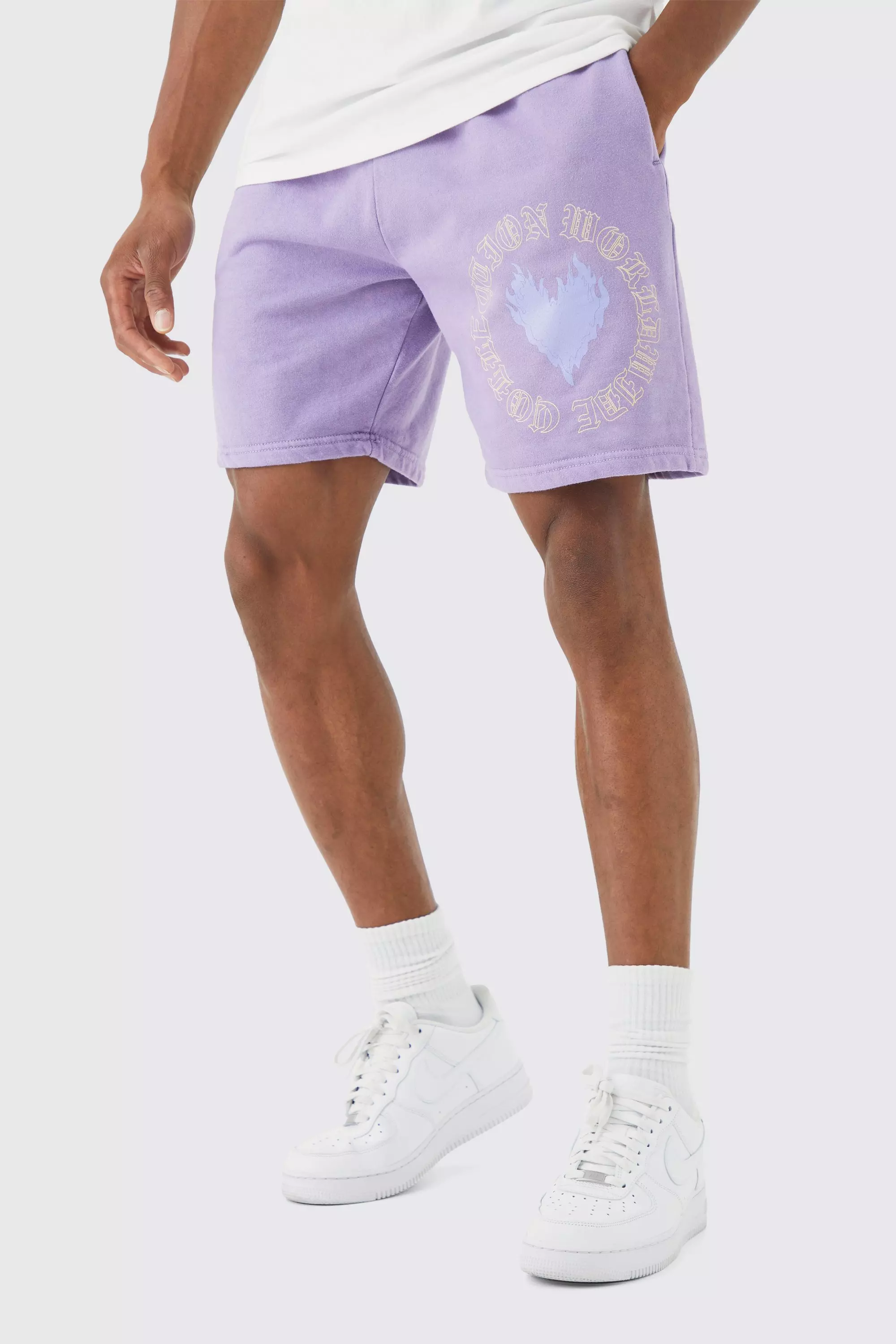 Loose Fit Overdyed Flame Heart Sweat Shorts Purple