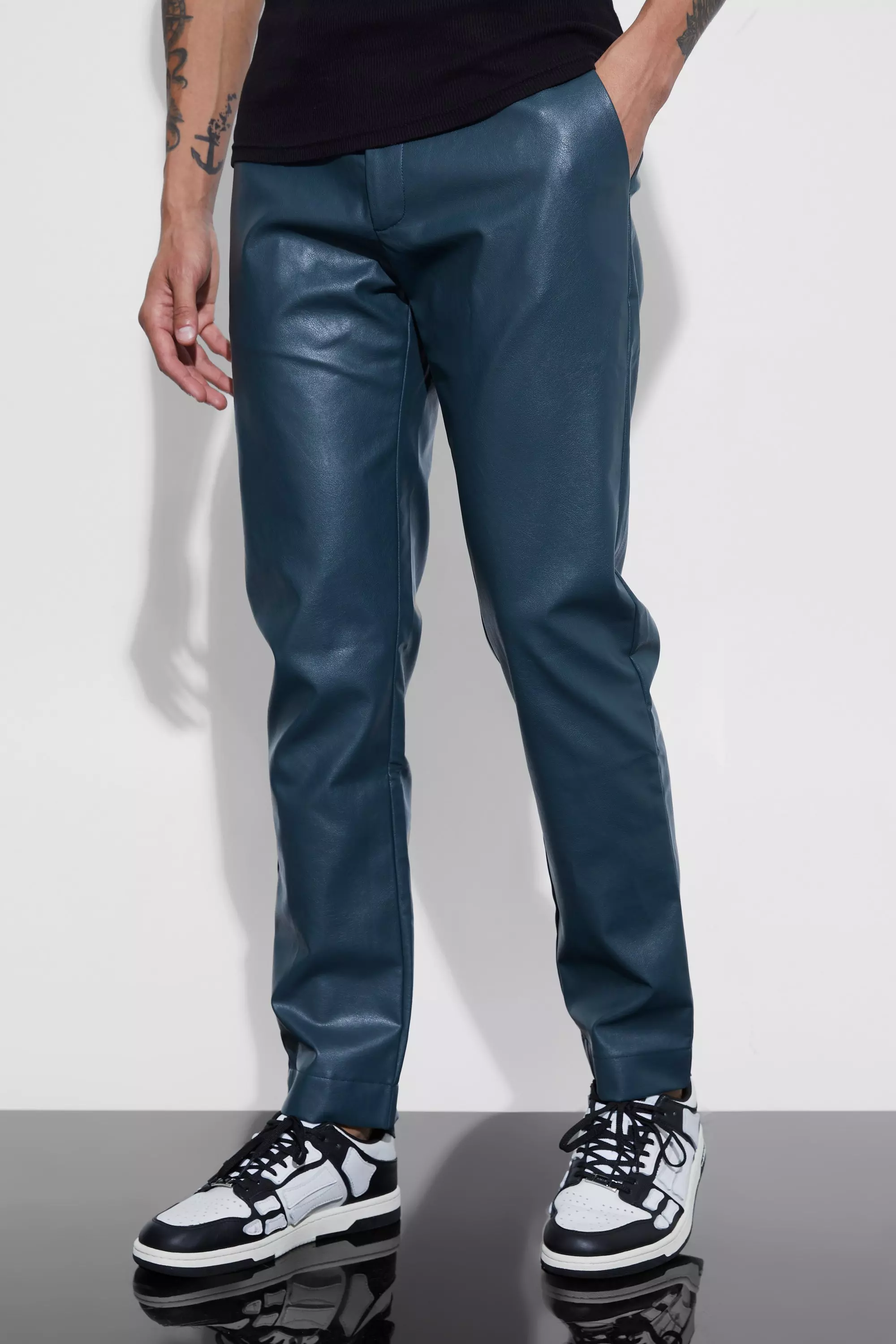 Teal Green Slim Fit Pu Pants