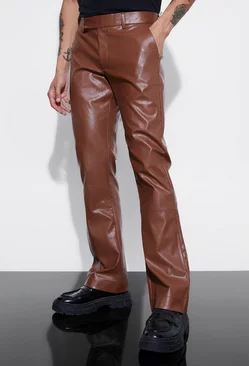 Brown Slim Flare Pu Tailored Pants