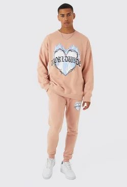 Pink Oversized Barbed Wire Flames Sweat Tracksuit
