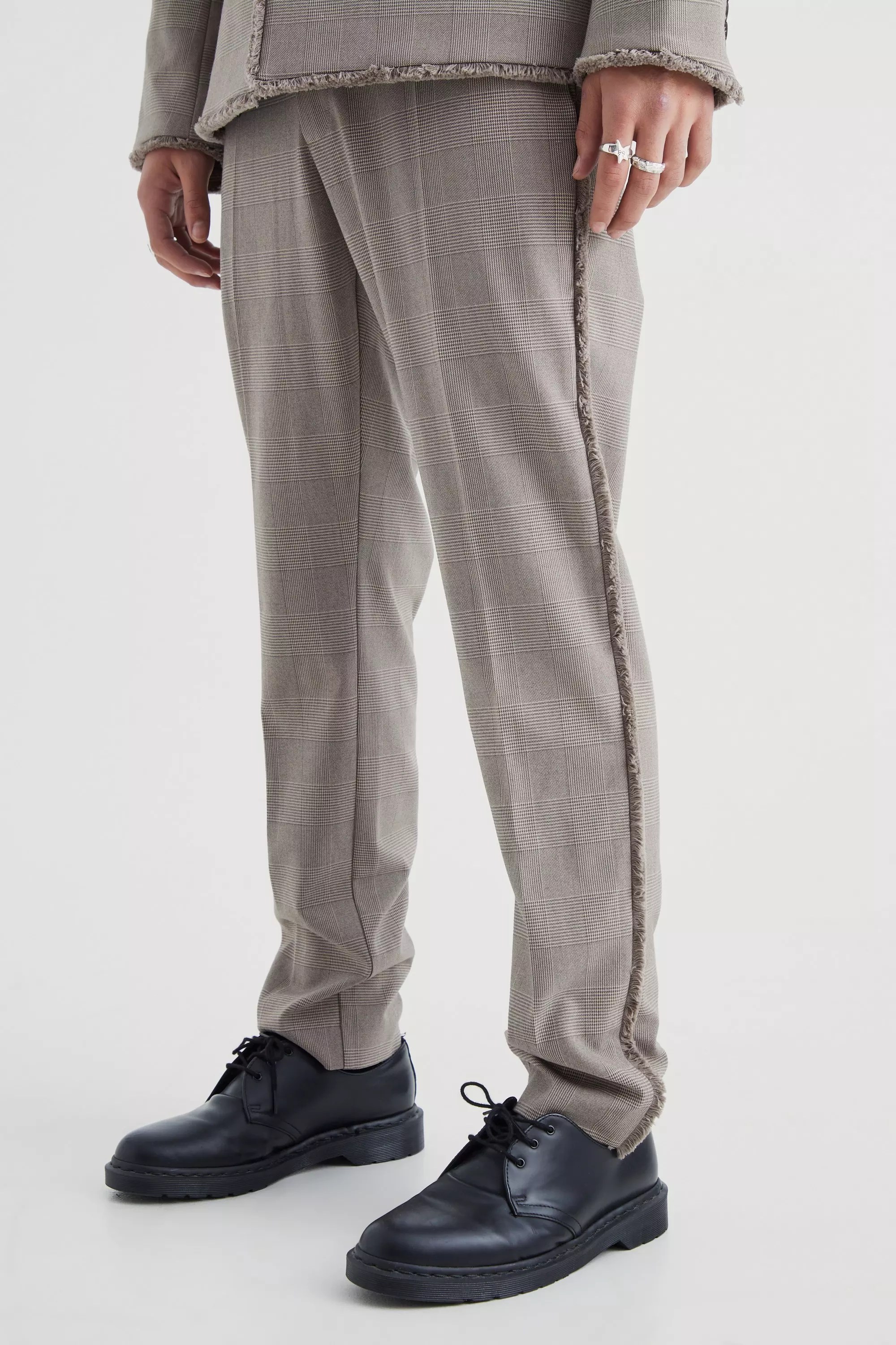 Slim Fit Smart Plaid Pants With Distressing Brown
