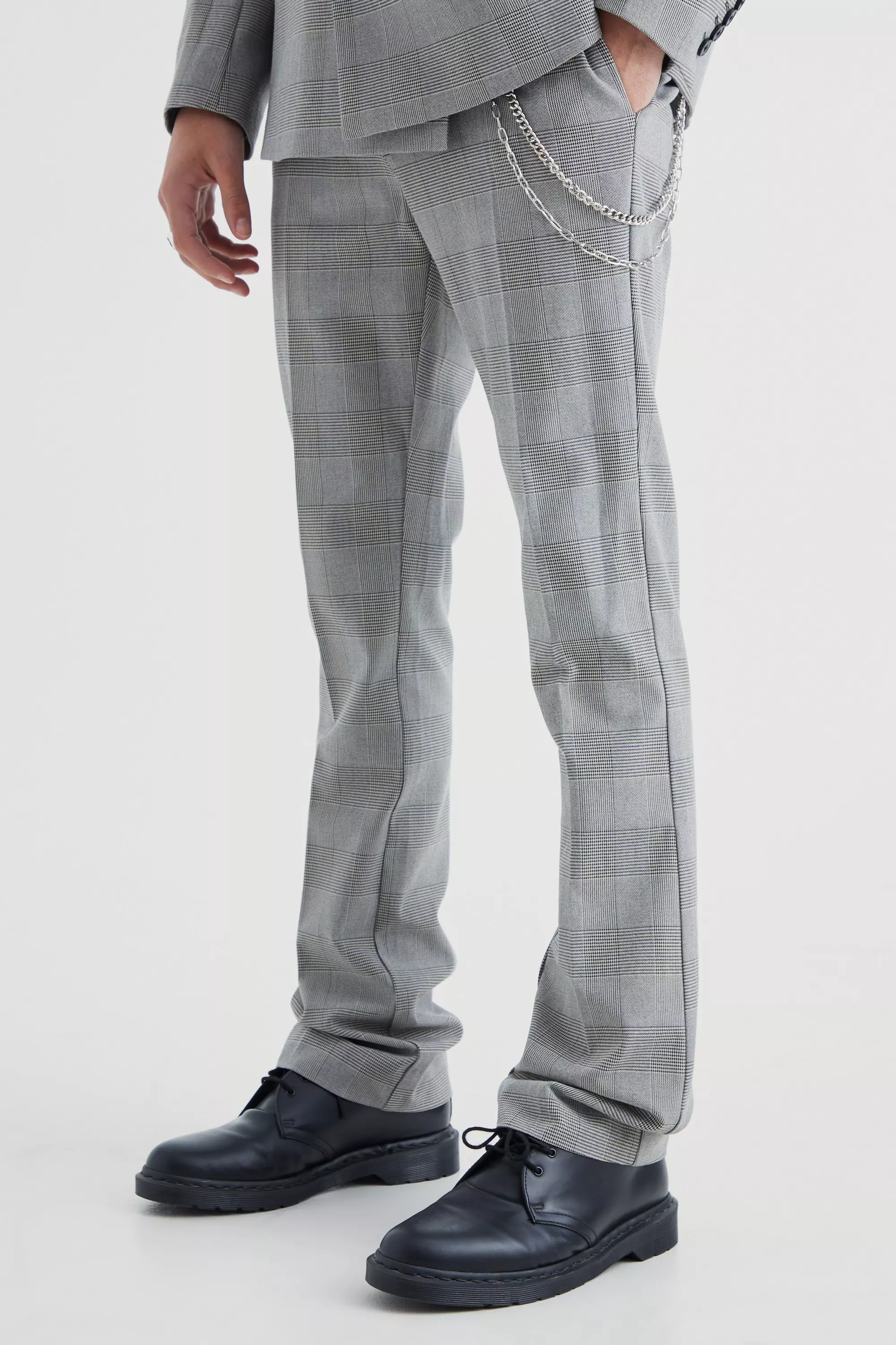 Skinny Flare Pow Plaid Pants With Chain Grey