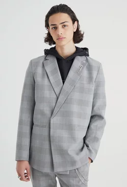 Relaxed Fit Wrap Front Pow Check Blazer Grey