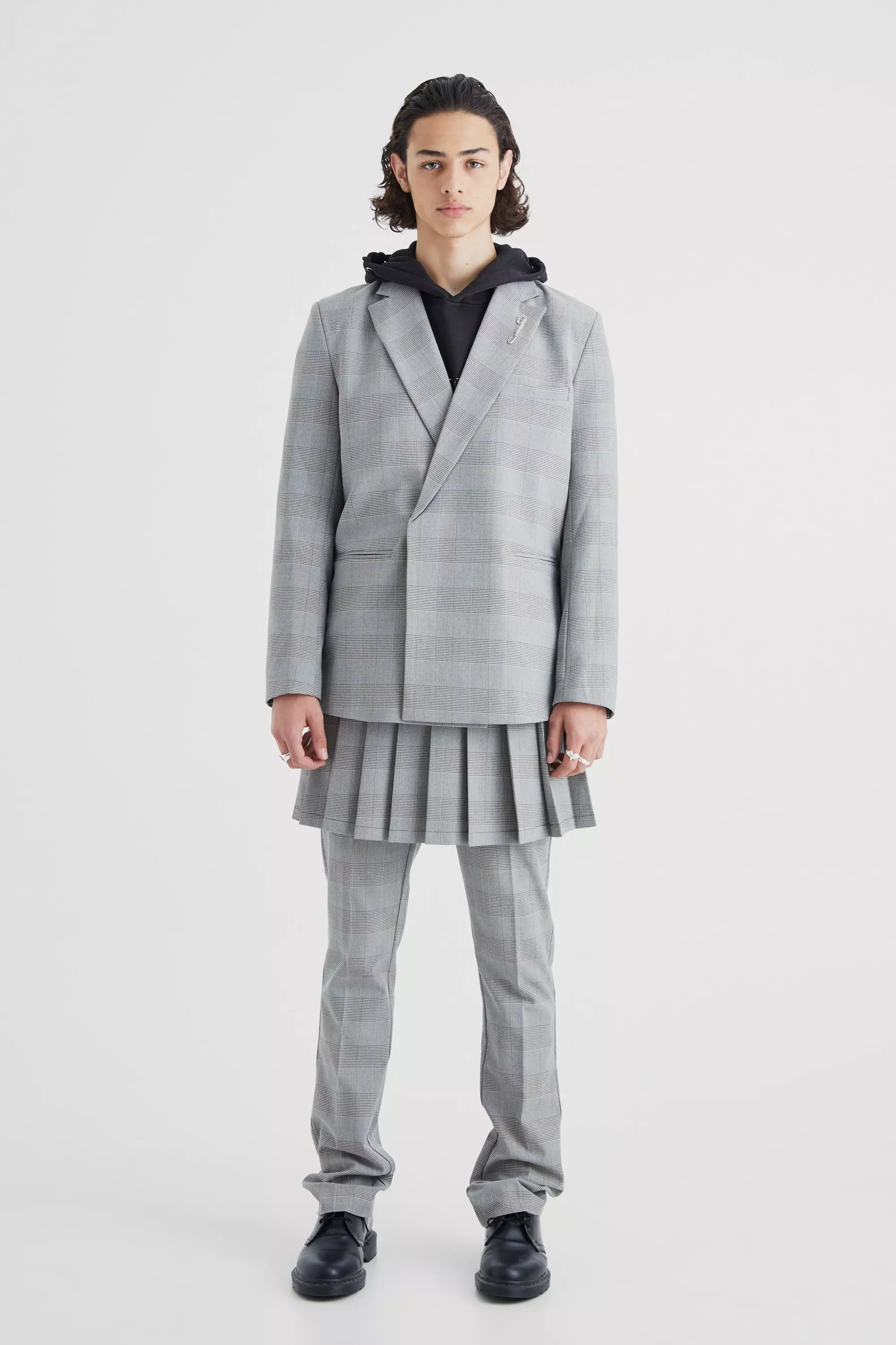 Grey Mid Length Pleated Pow Check Skirt alternative image