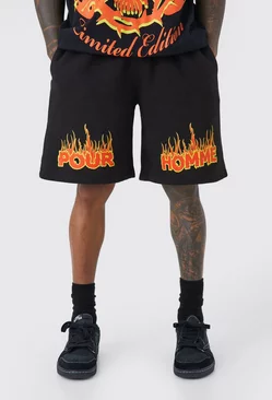 Oversized Pour Homme Flames Sweat Shorts Black