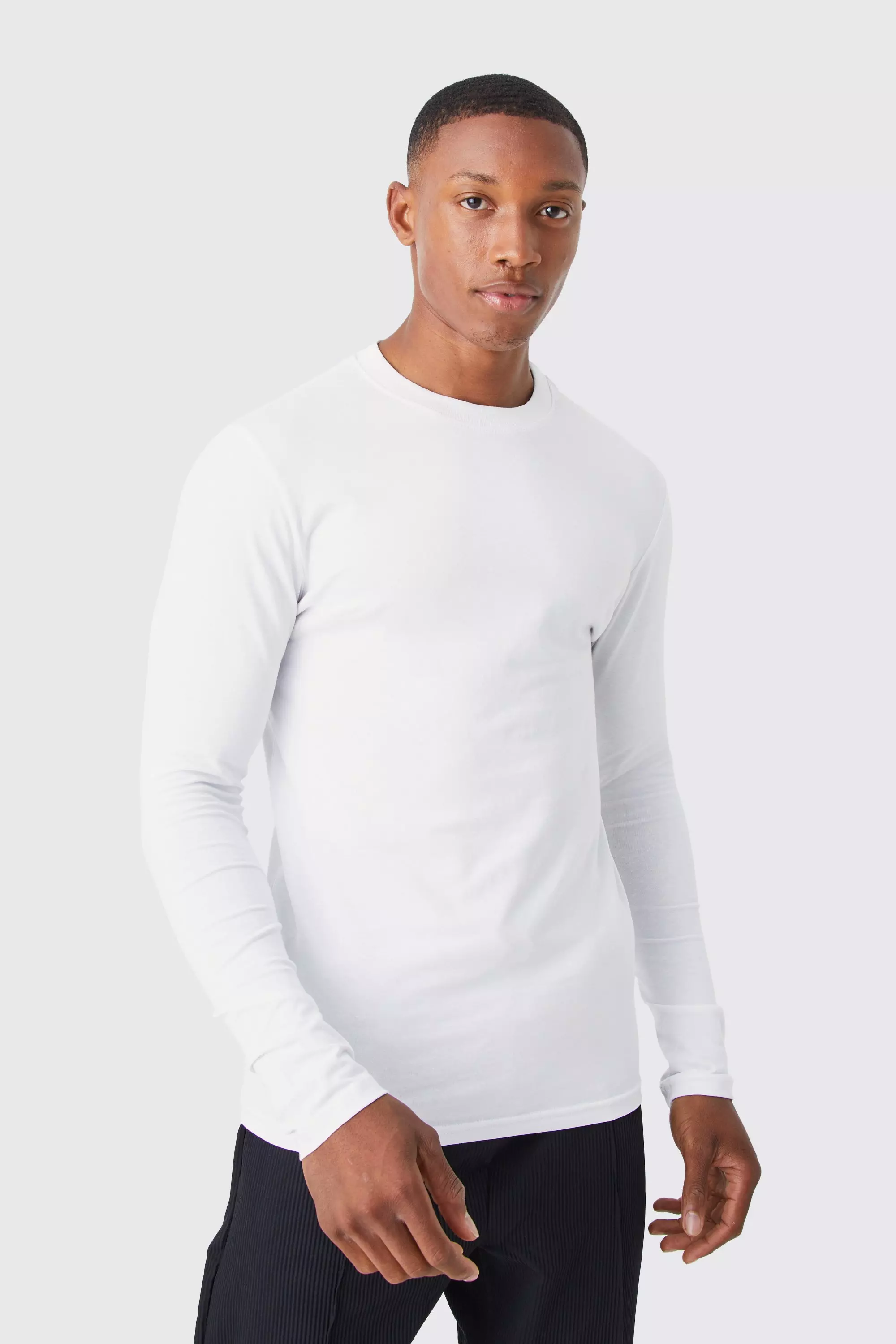 White Basic Long Sleeve Muscle Fit Crew Neck T-Shirt