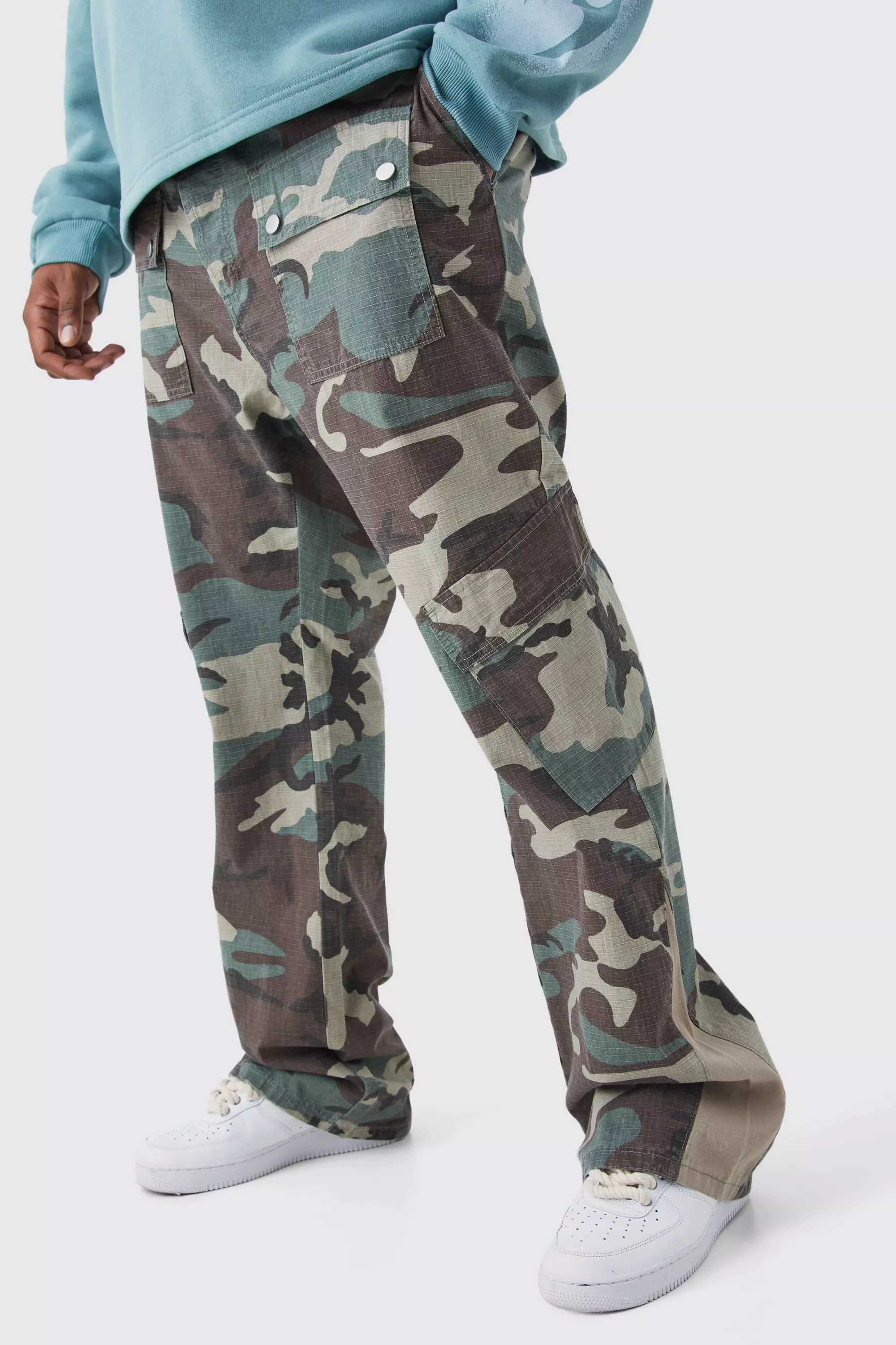 Plus Slim Stacked Gusset Flare Multi Cargo Camo Pants Khaki