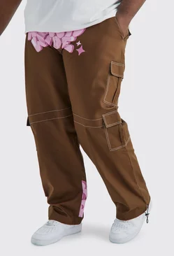 Chocolate Brown Plus Relaxed Ripstop Cargo Graffiti Print Pants