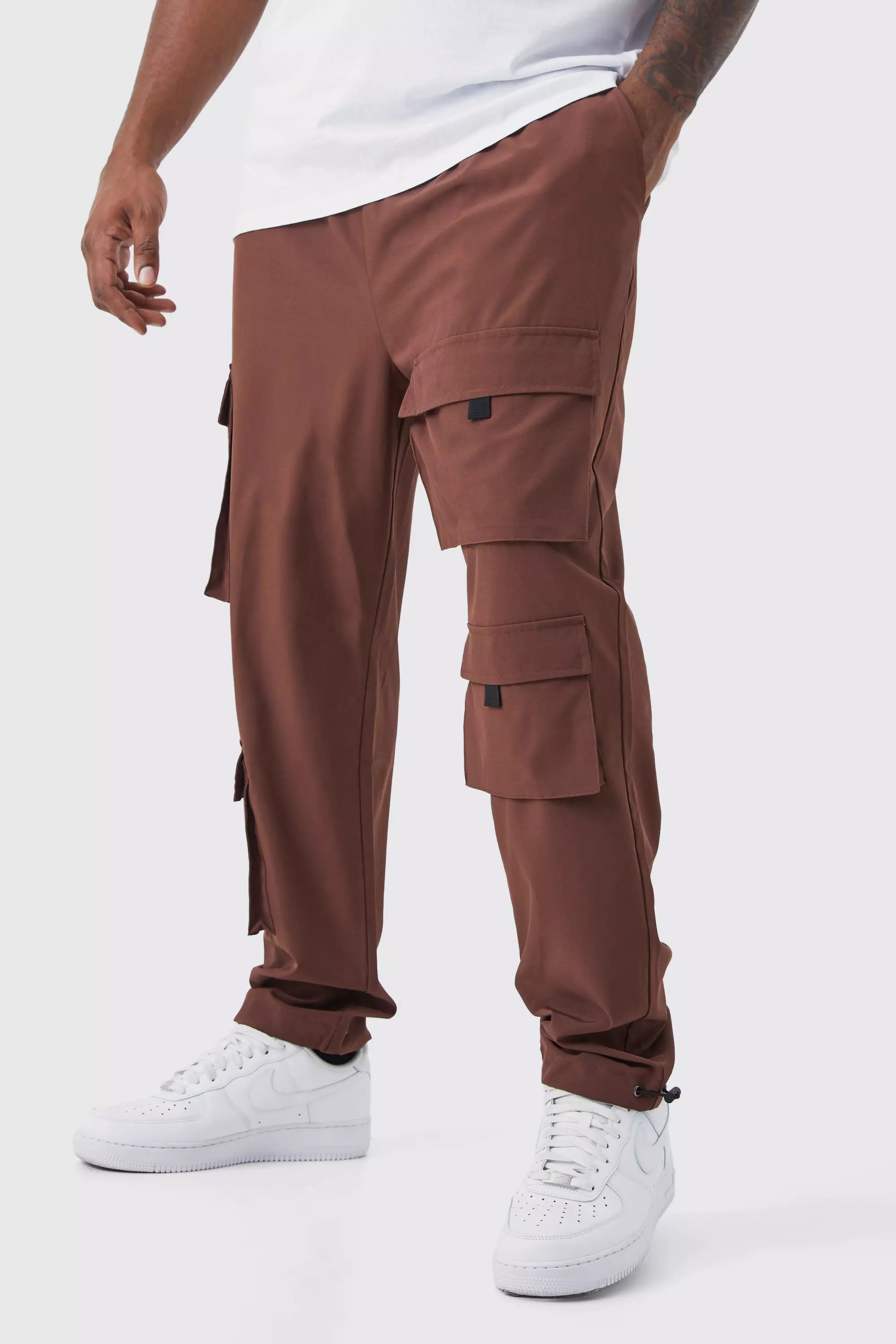 Chocolate Brown Plus Slim Multi Pocket Cargo Stretch Pants