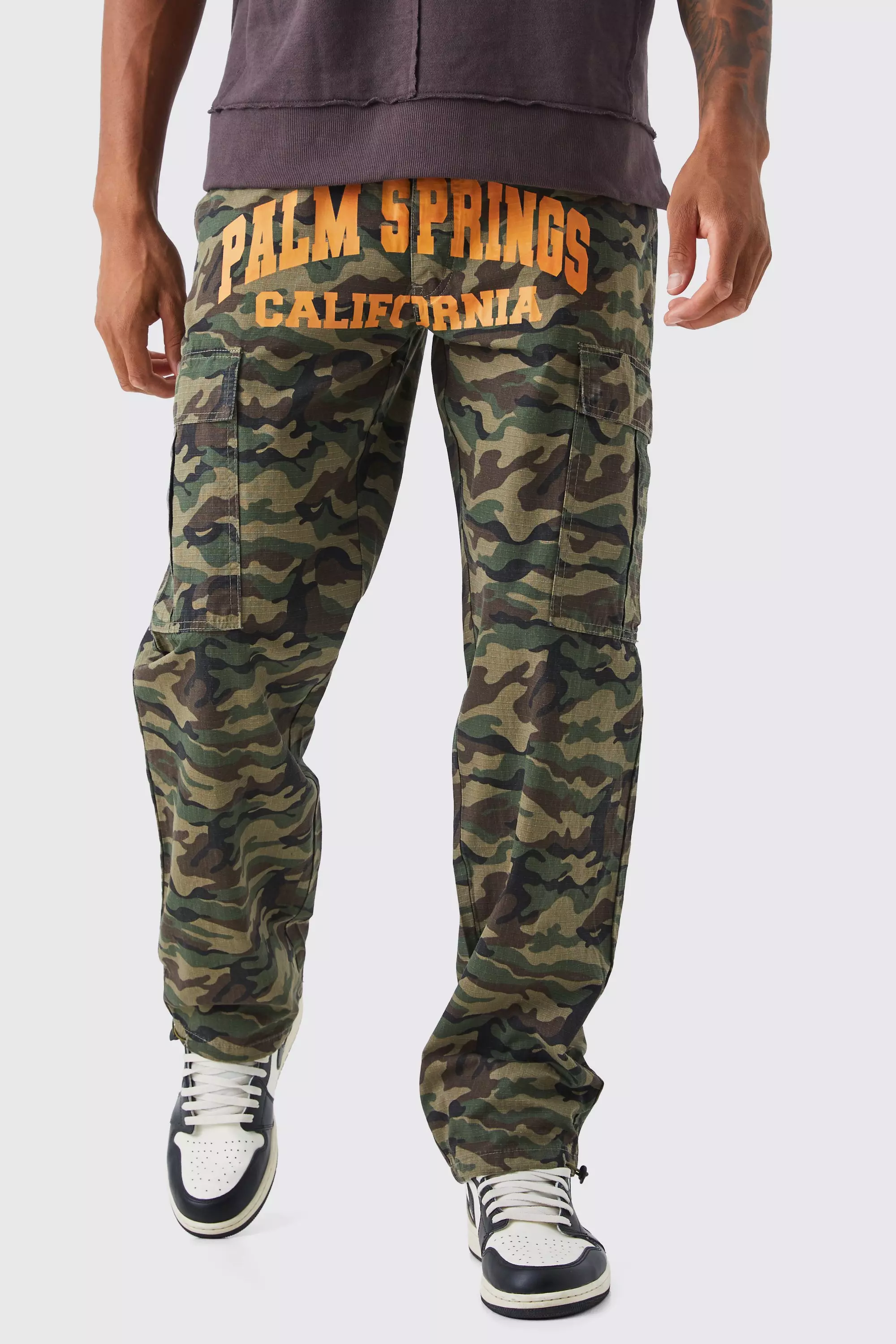 Tall Relaxed Cargo Varsity Slogan Print Camo Pants Chocolate