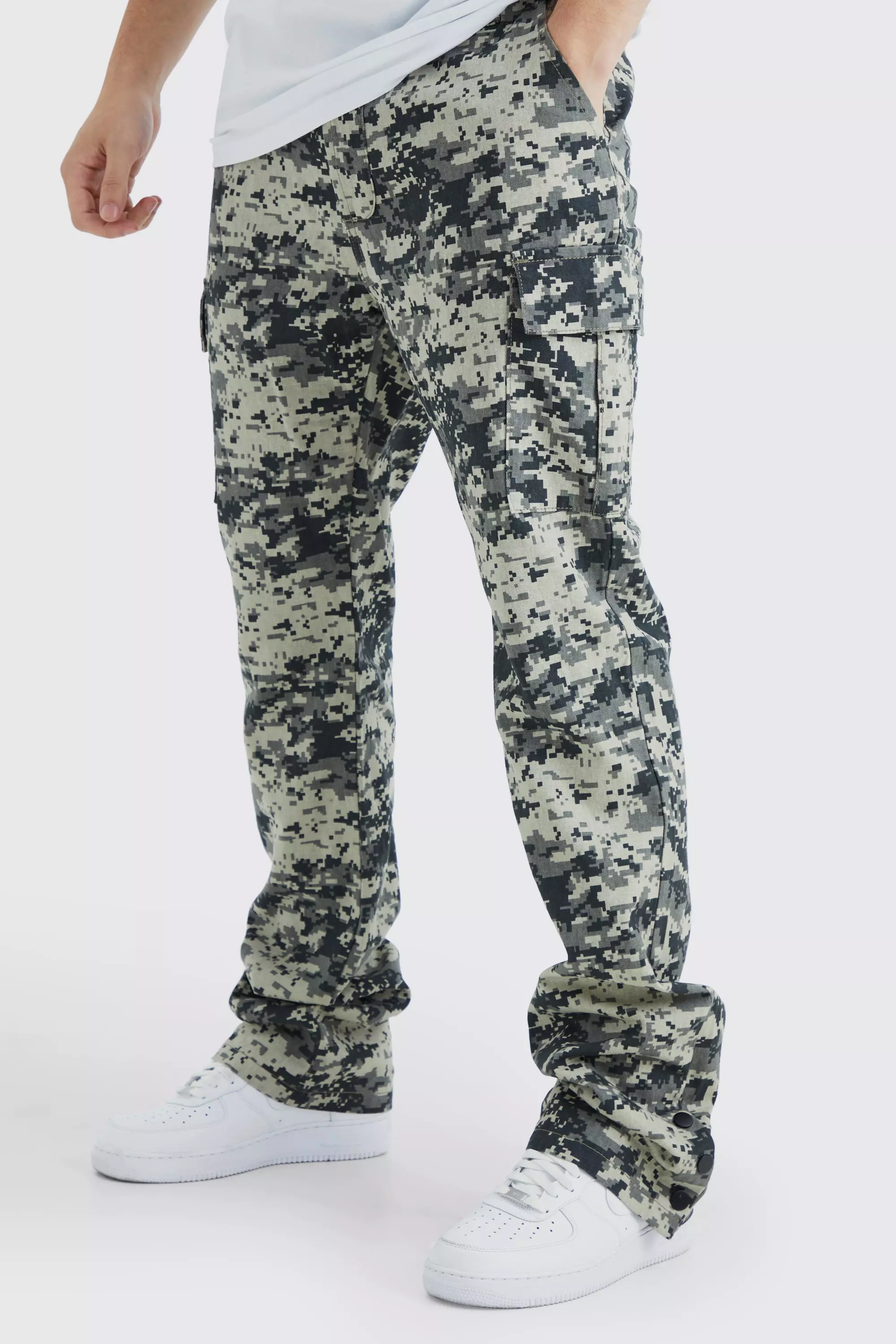 Tall Slim Stacked Popper Hem Cargo Camo Pants Charcoal