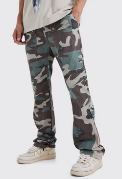 Tall Slim Stacked Gusset Flare Multi Cargo Camo Pants Khaki