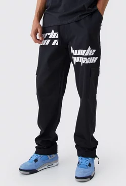 Tall Relaxed Cargo Spliced Text Print Pants Black