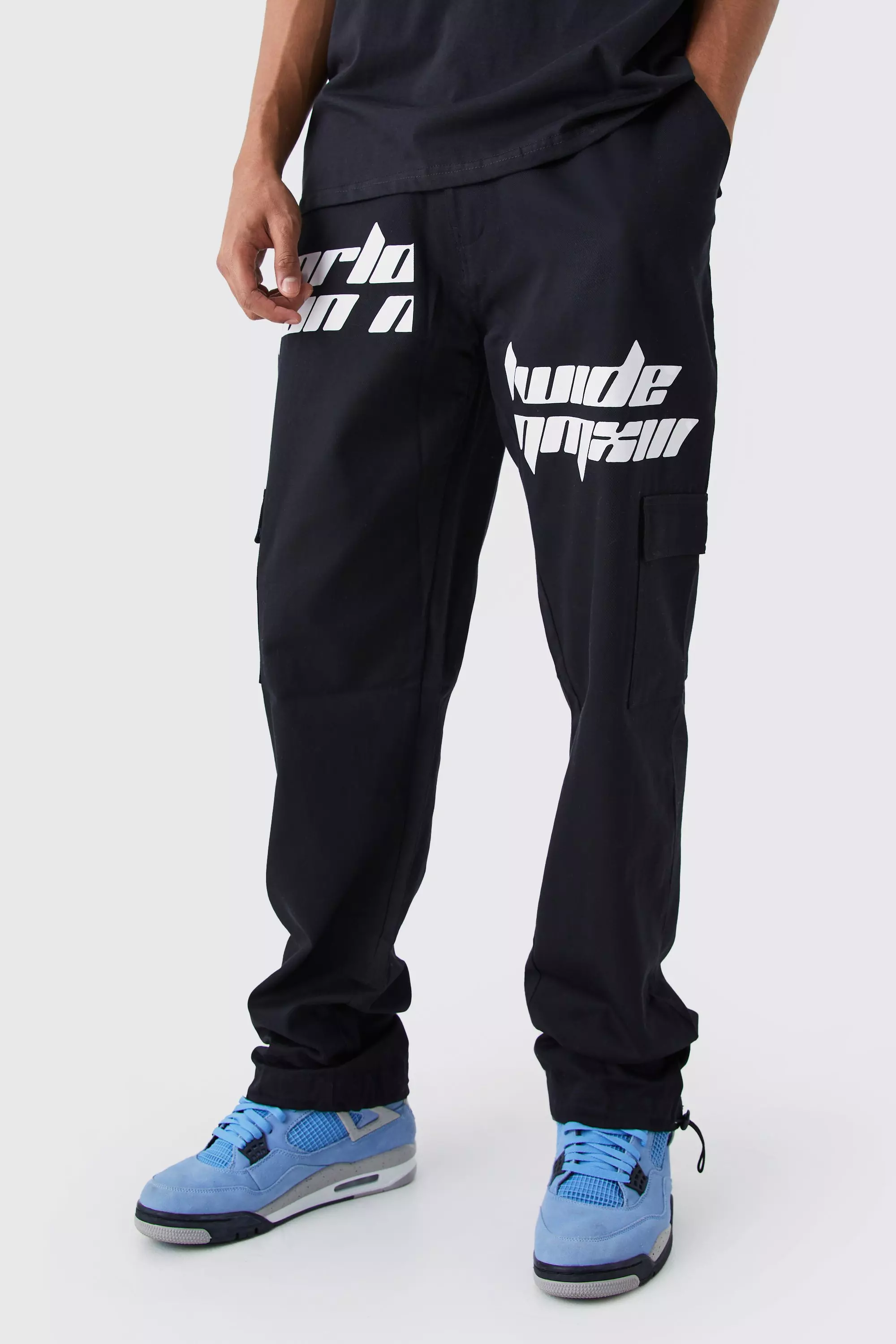 Tall Relaxed Cargo Spliced Text Print Pants Black