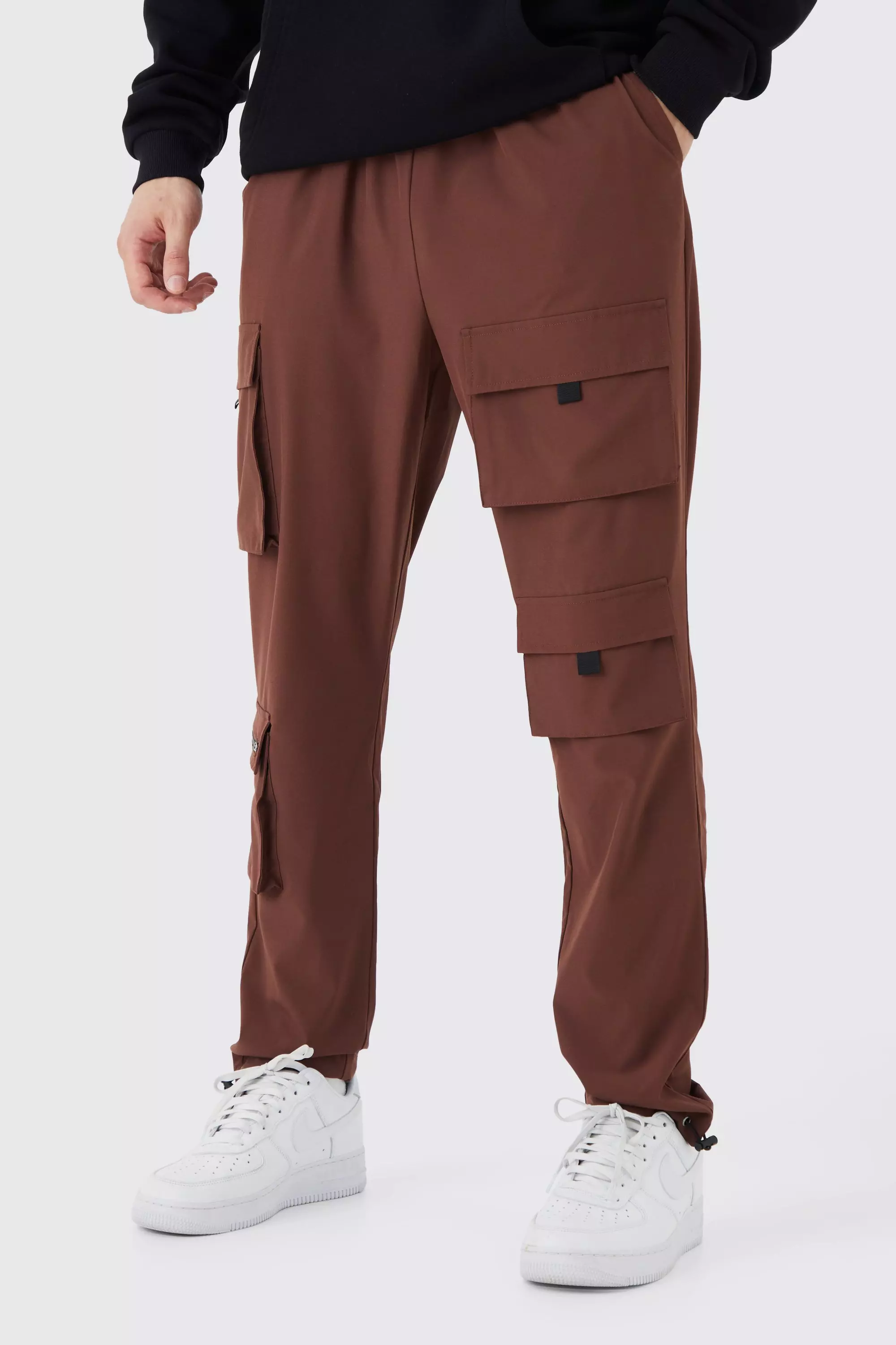 Chocolate Brown Tall Slim Multi Pocket Cargo Stretch Pants