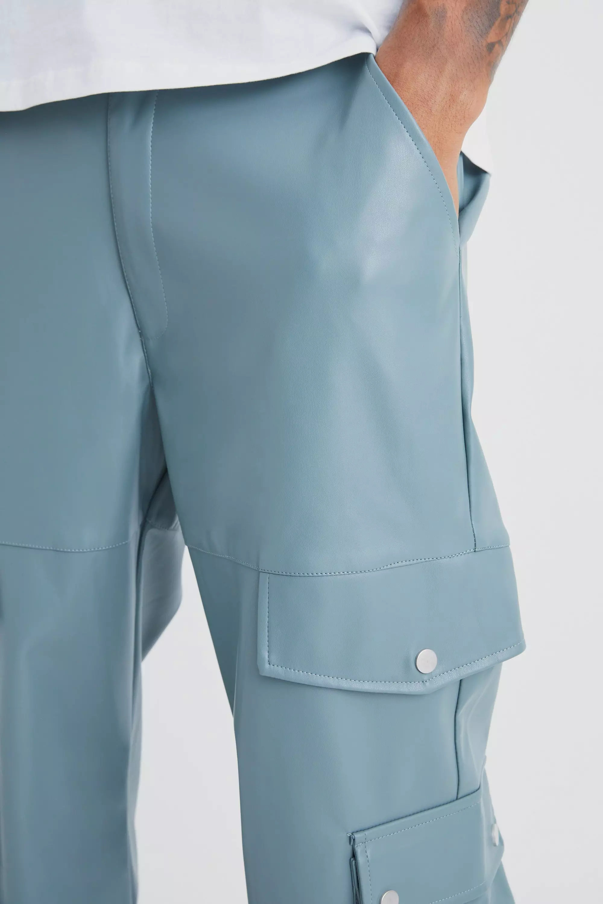 Teal Tall Fixed Relaxed Multi Cargo Pu Trouser alternative image