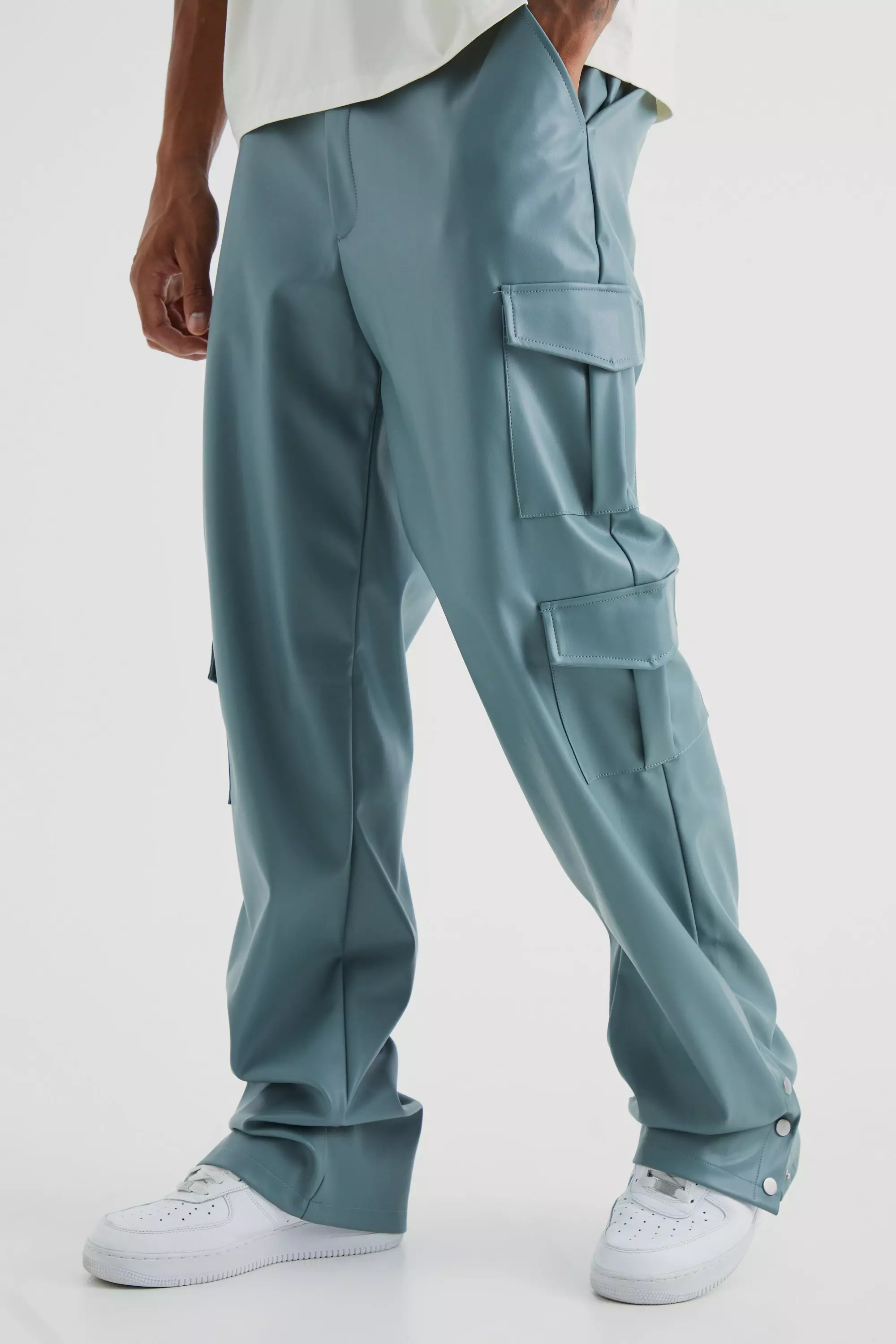 Tall Fixed Waist Relaxed Cargo Pu Pants Teal