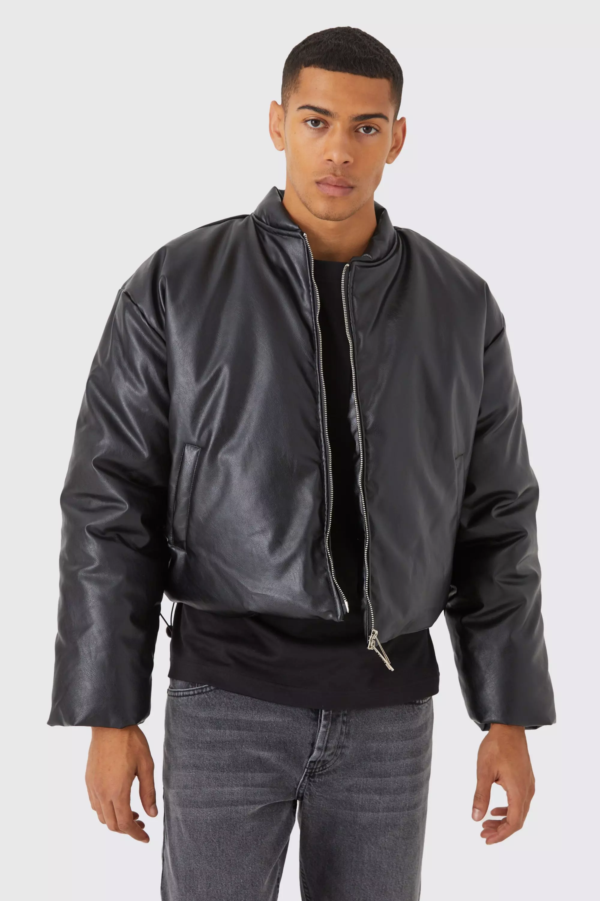 Black Boxy Pu Volume Padded Puffer Bomber