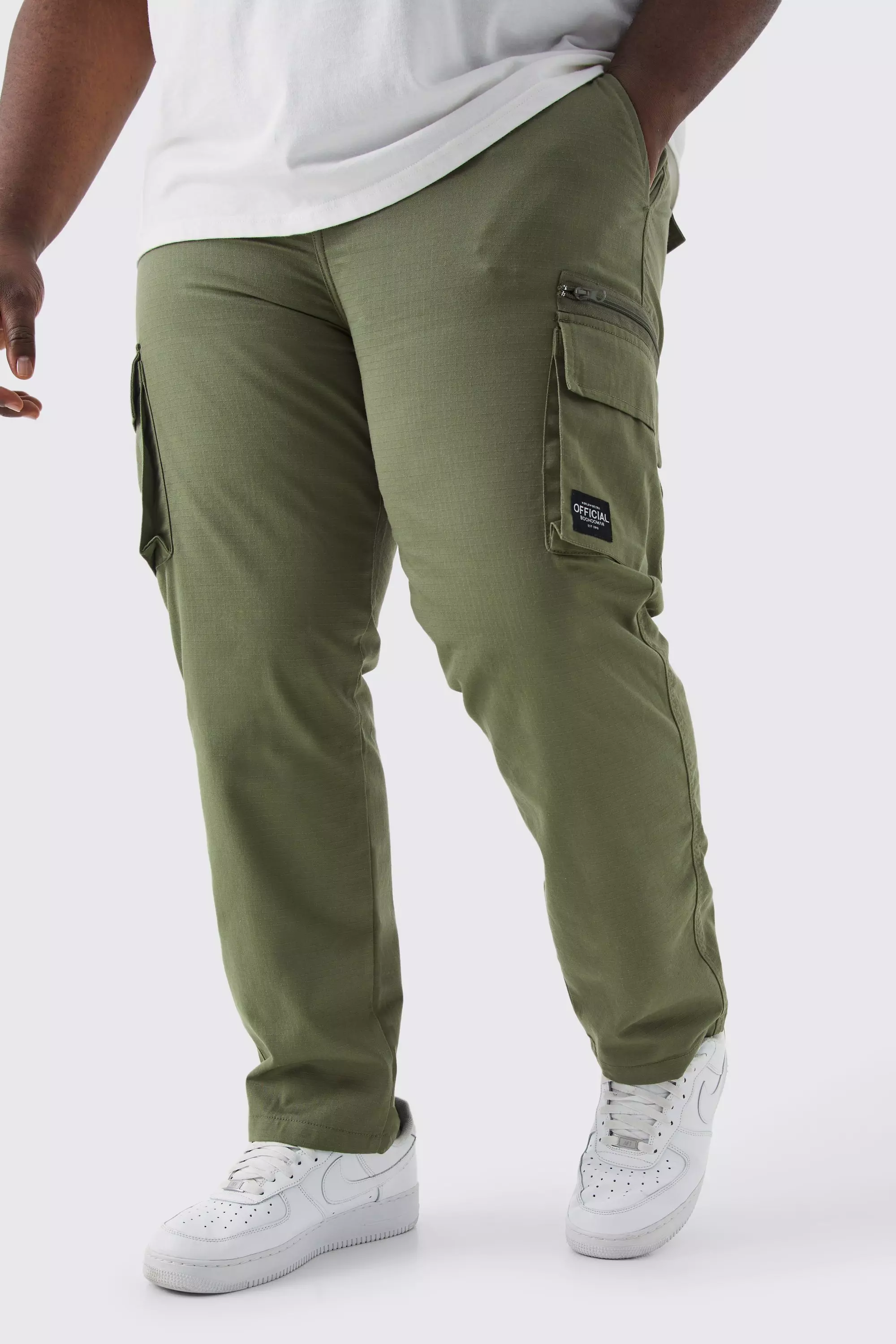 Khaki Plus Fixed Relaxed Ripstop Cargo Pants With Tab