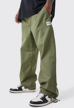 Khaki Plus Elastic Relaxed Long Ripstop Pants With Tab