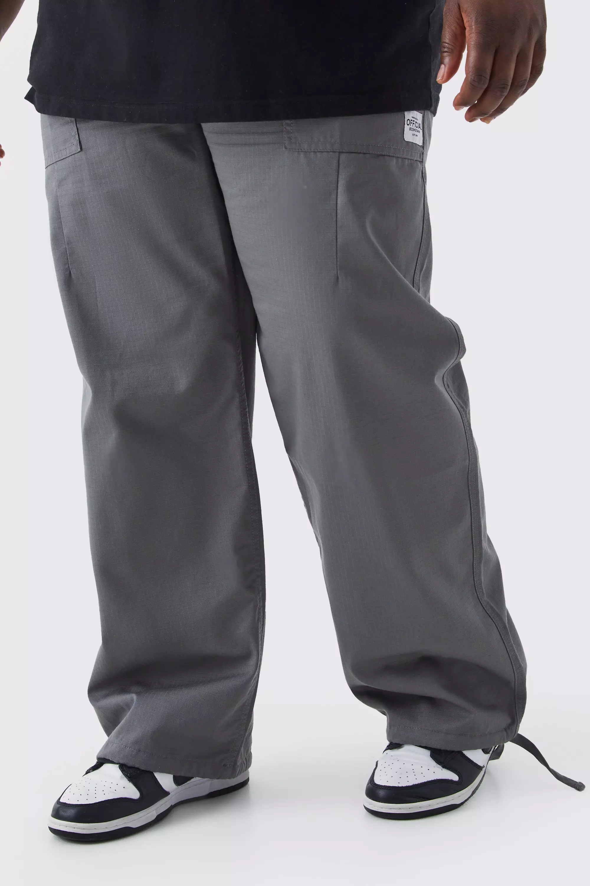 Charcoal Grey Plus Elastic Relaxed Long Ripstop Pants With Tab