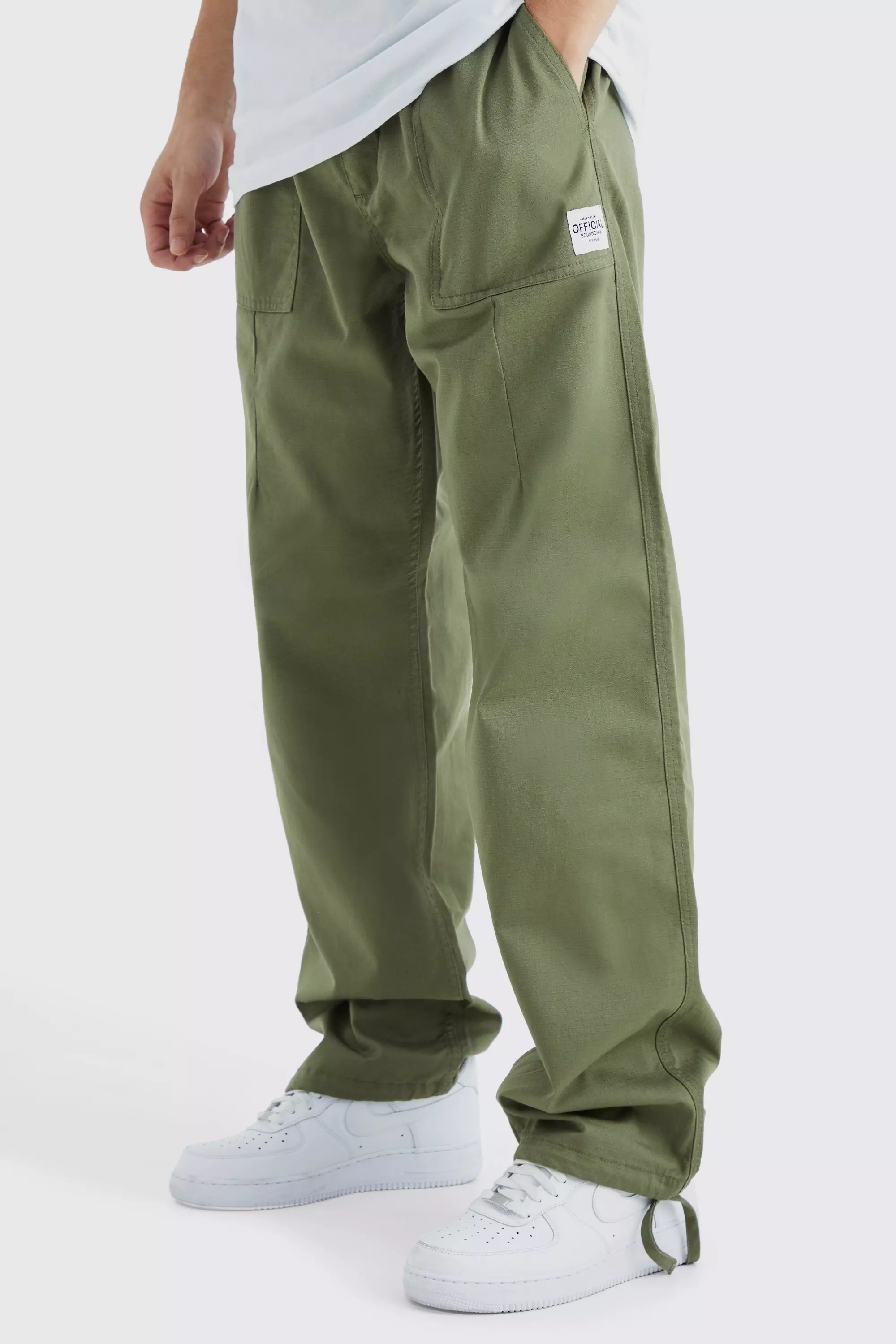 Tall Elastic Relaxed Long Ripstop Pants With Tab Khaki