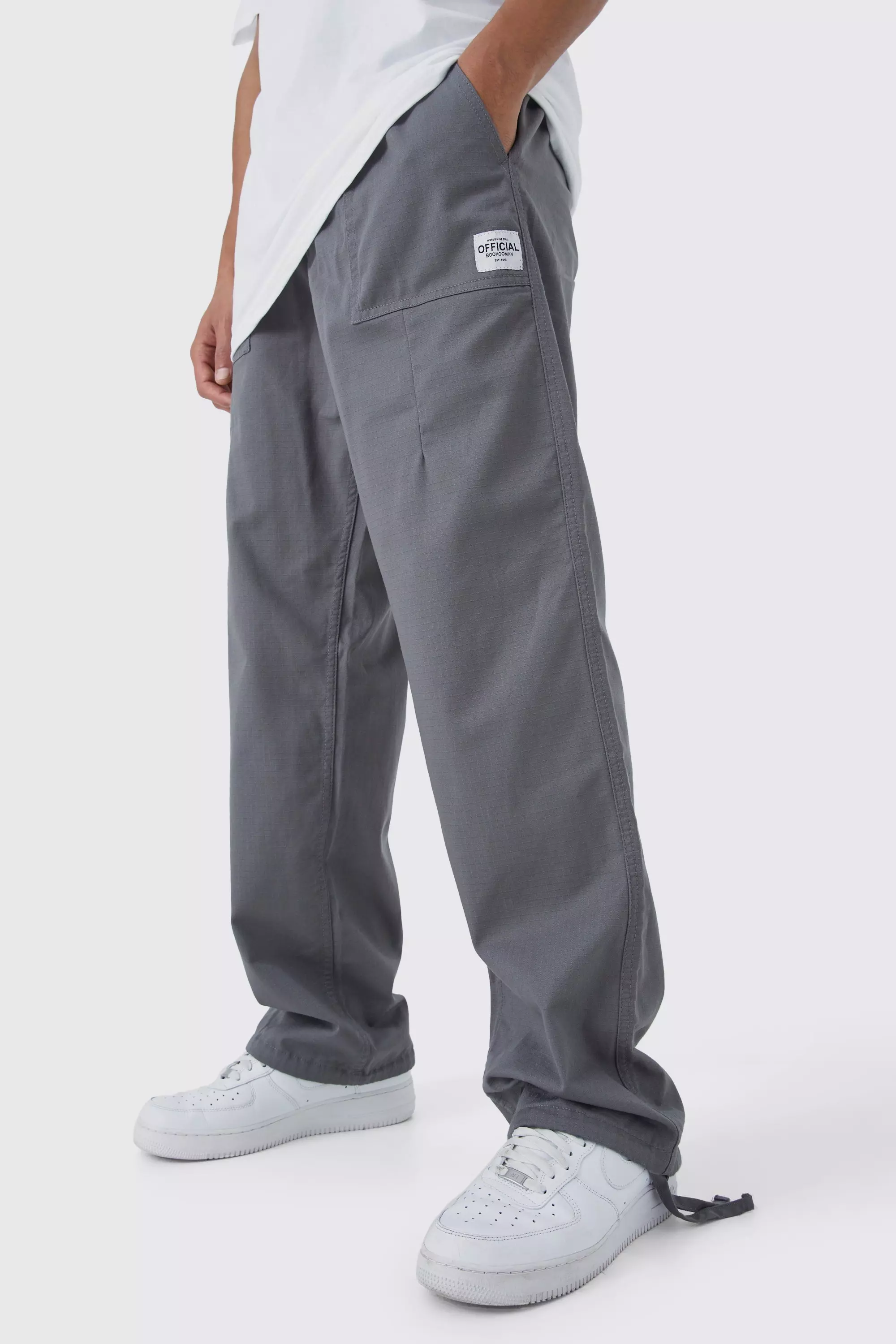 Charcoal Grey Tall Elastic Relaxed Long Ripstop Pants With Tab