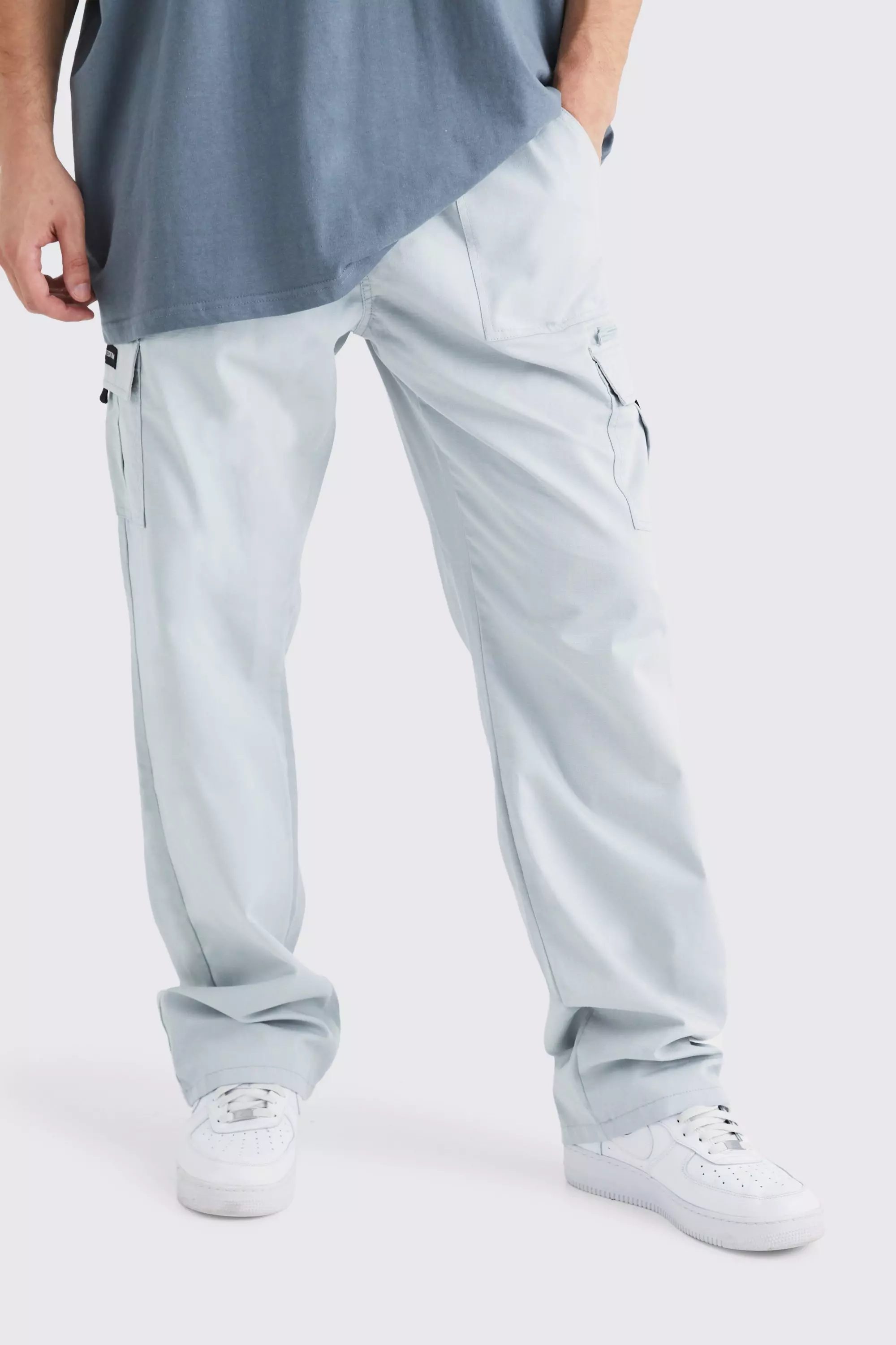 Grey Tall Elastic Ripstop Cargo Zip Pants
