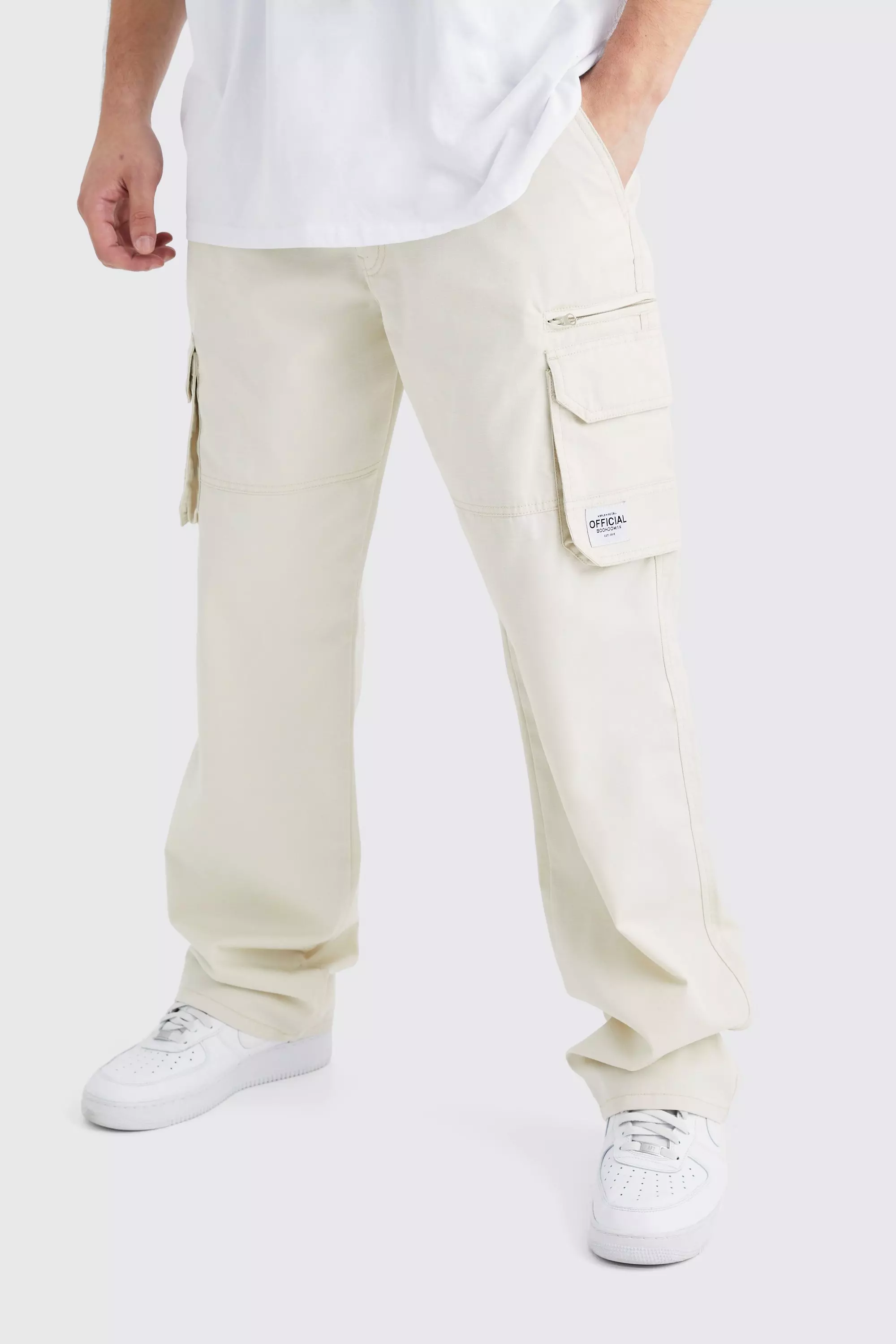 Stone Beige Tall Fixed Ripstop Cargo Zip Pants With Woven Tab