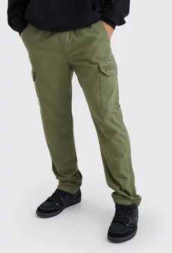 Khaki Elastic Waist Straight Felt Detail Cargo Pants