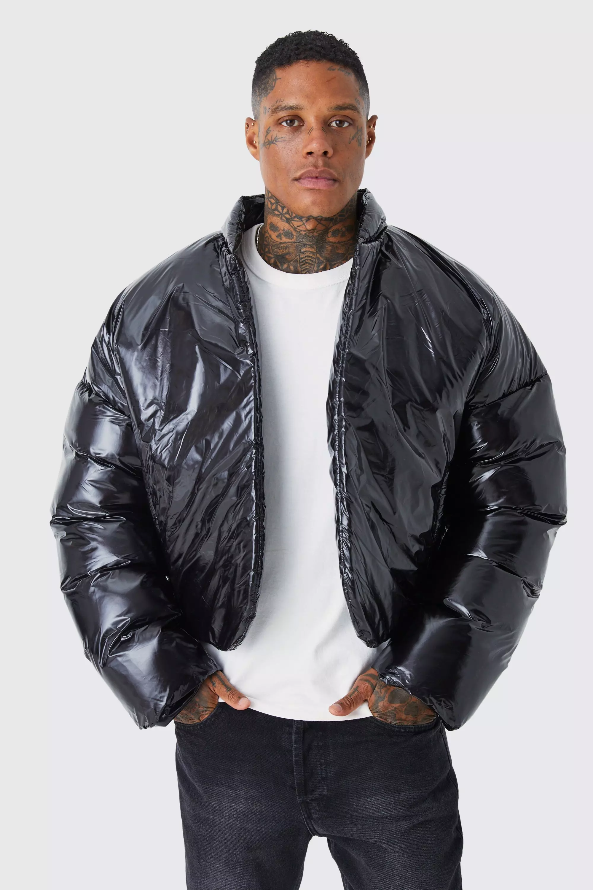 Boxy High Shine Volume Padded Puffer Bomber Black