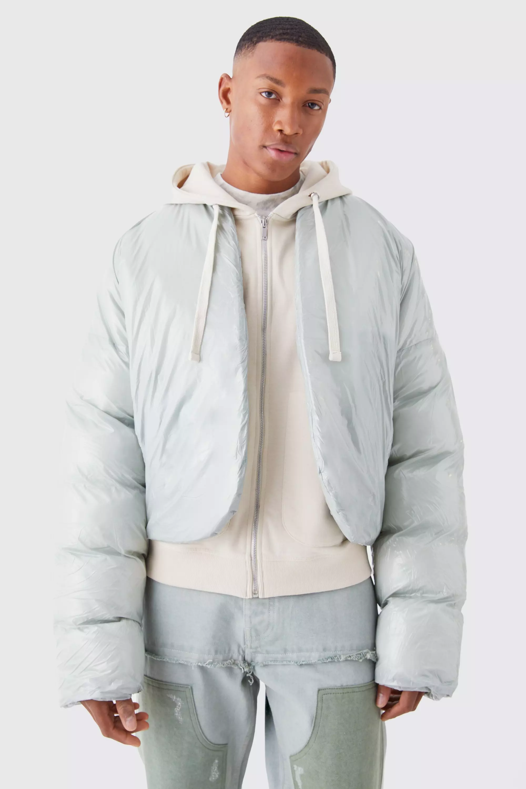 Boxy High Shine Volume Padded Puffer Bomber Sage