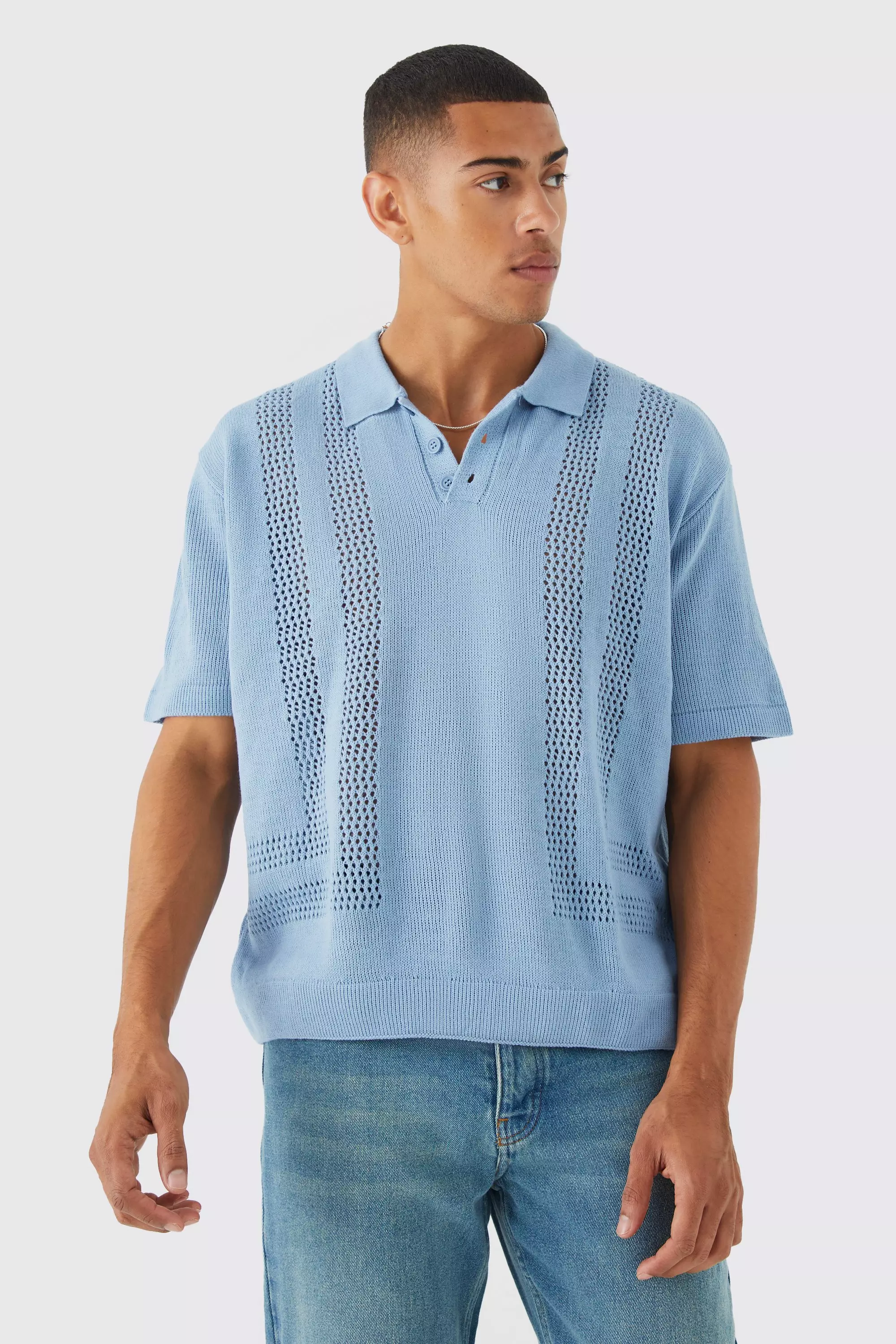 boohooMAN Boxy Fit Diamond Jacquard Denim Shirt - Blue - Size S