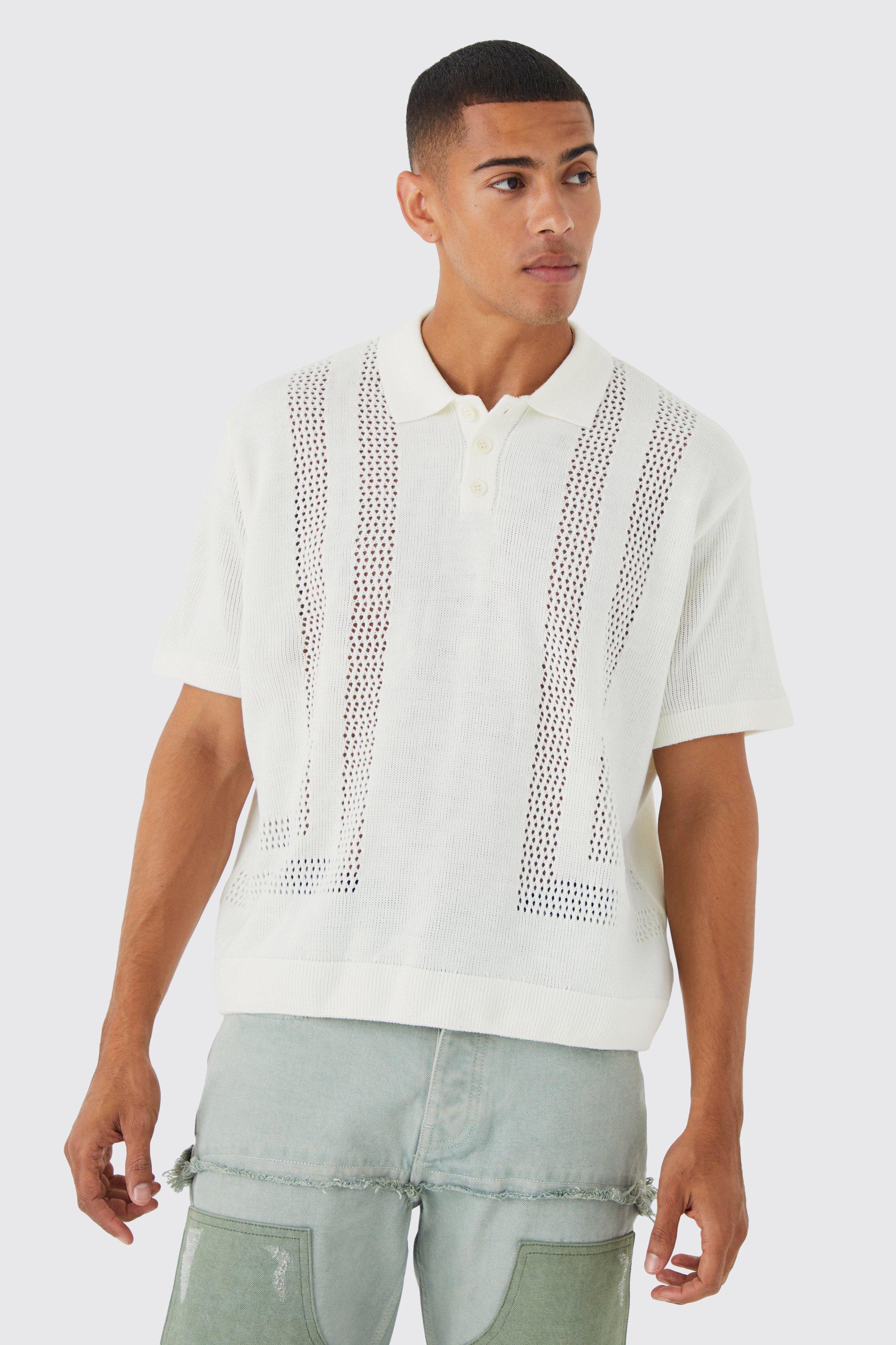 Oversized Boxy Open Stitch Detail Knit Polo | boohooMAN USA