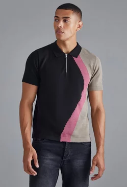 Regular Curved Jacquard Half Zip Knitted Polo Black