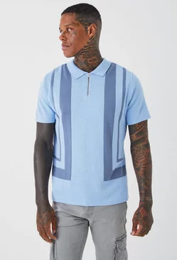 Blue Regular Fit Panel Half Zip Knitted Polo