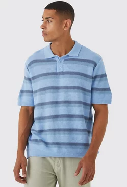 Blue Oversized Boxy Ombre Striped Knitted Polo