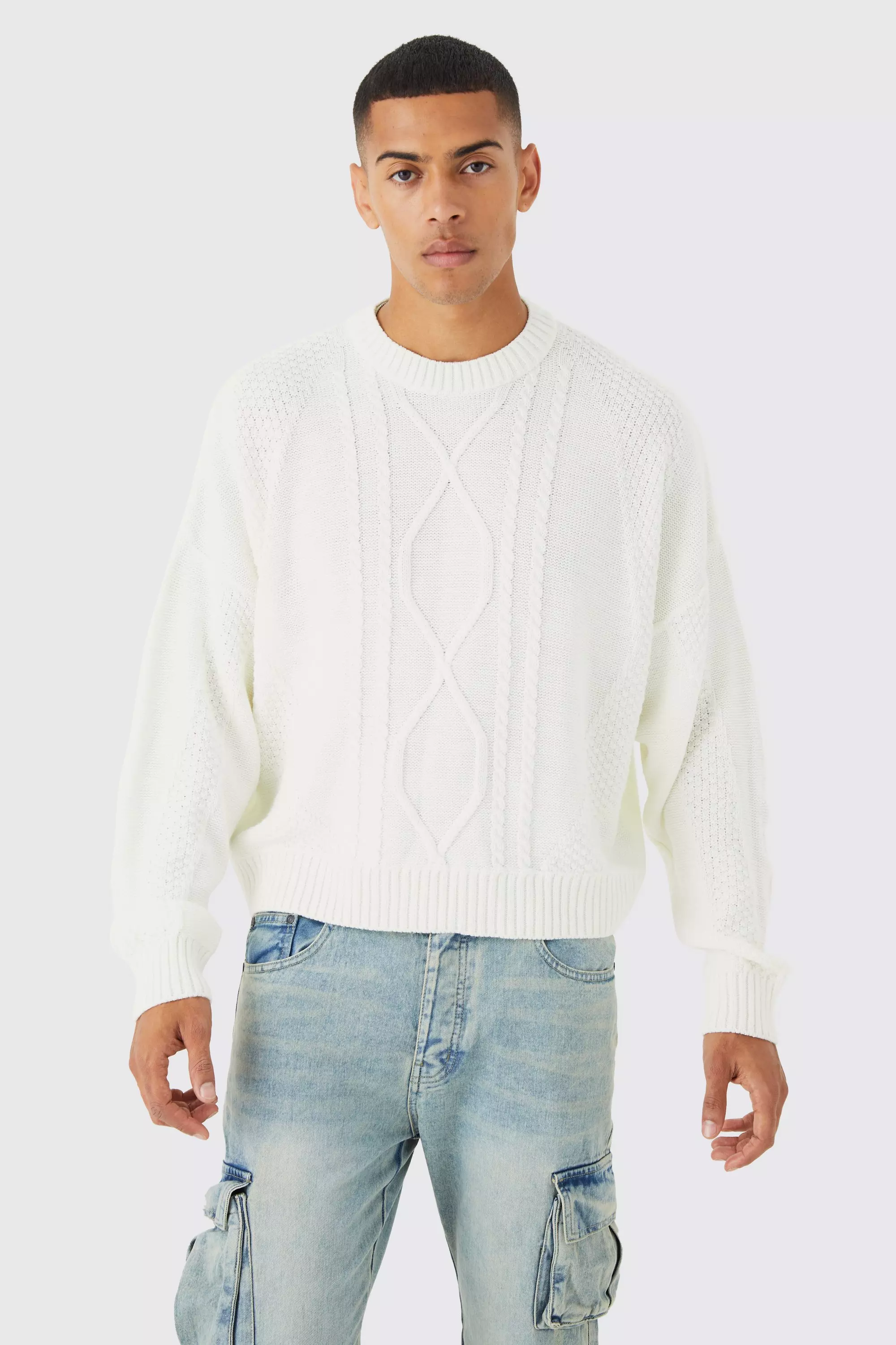 Boxy Cable Knit Sweater Ecru