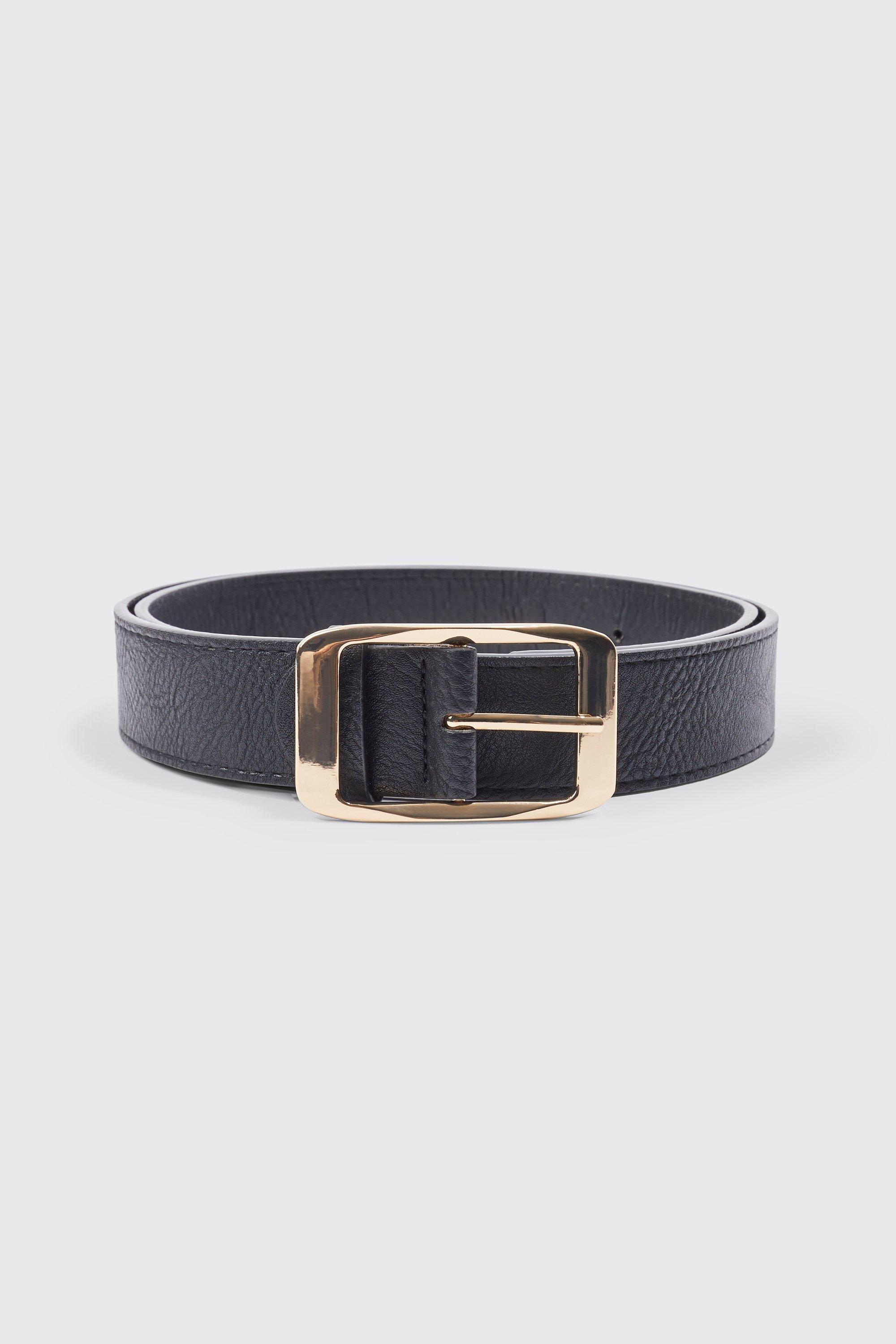 boohooMAN Gold Buckle Faux Leather Belt - Black - Size L