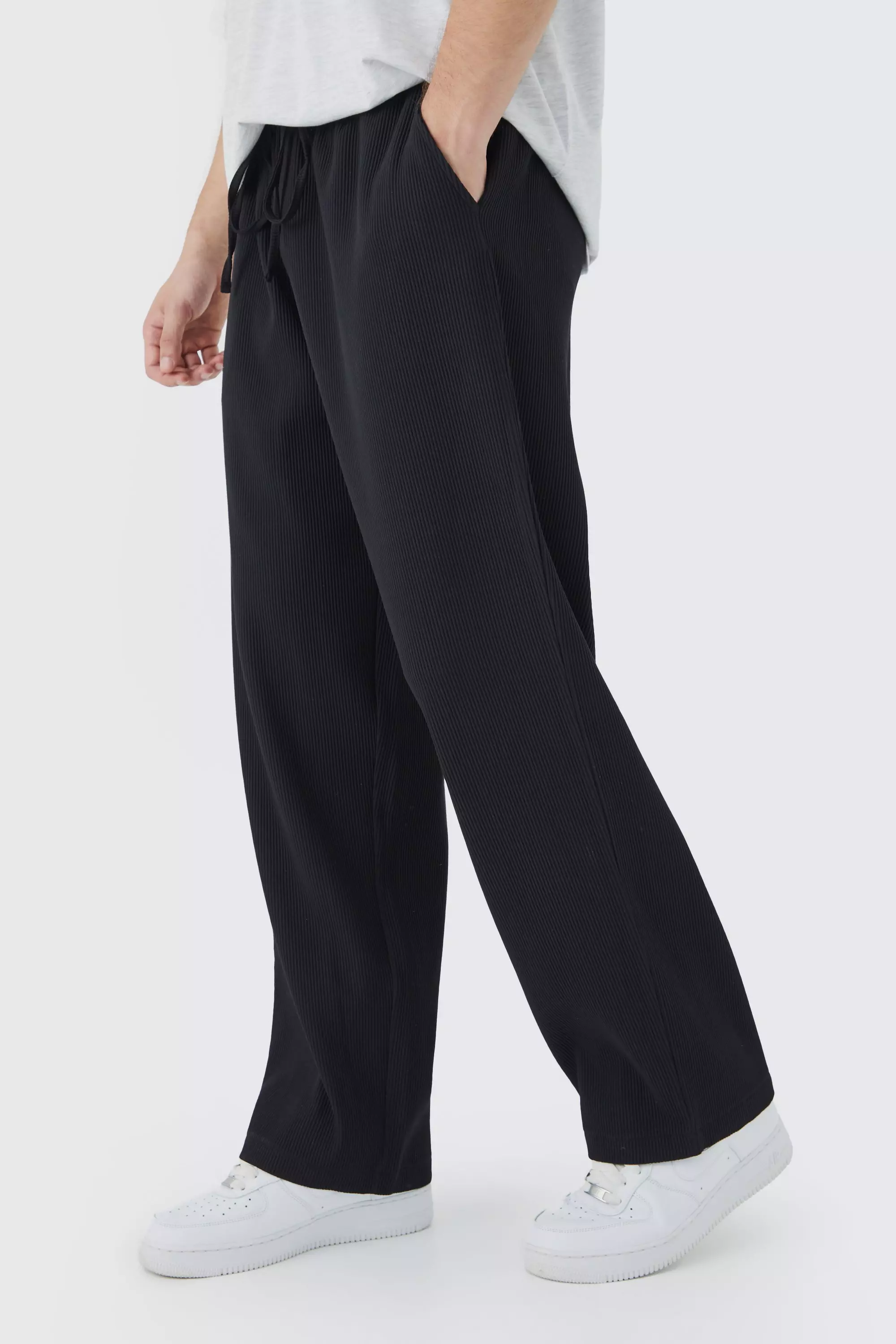 Tall Elastic Waist Relaxed Fit Cropped Pleated Pants Black