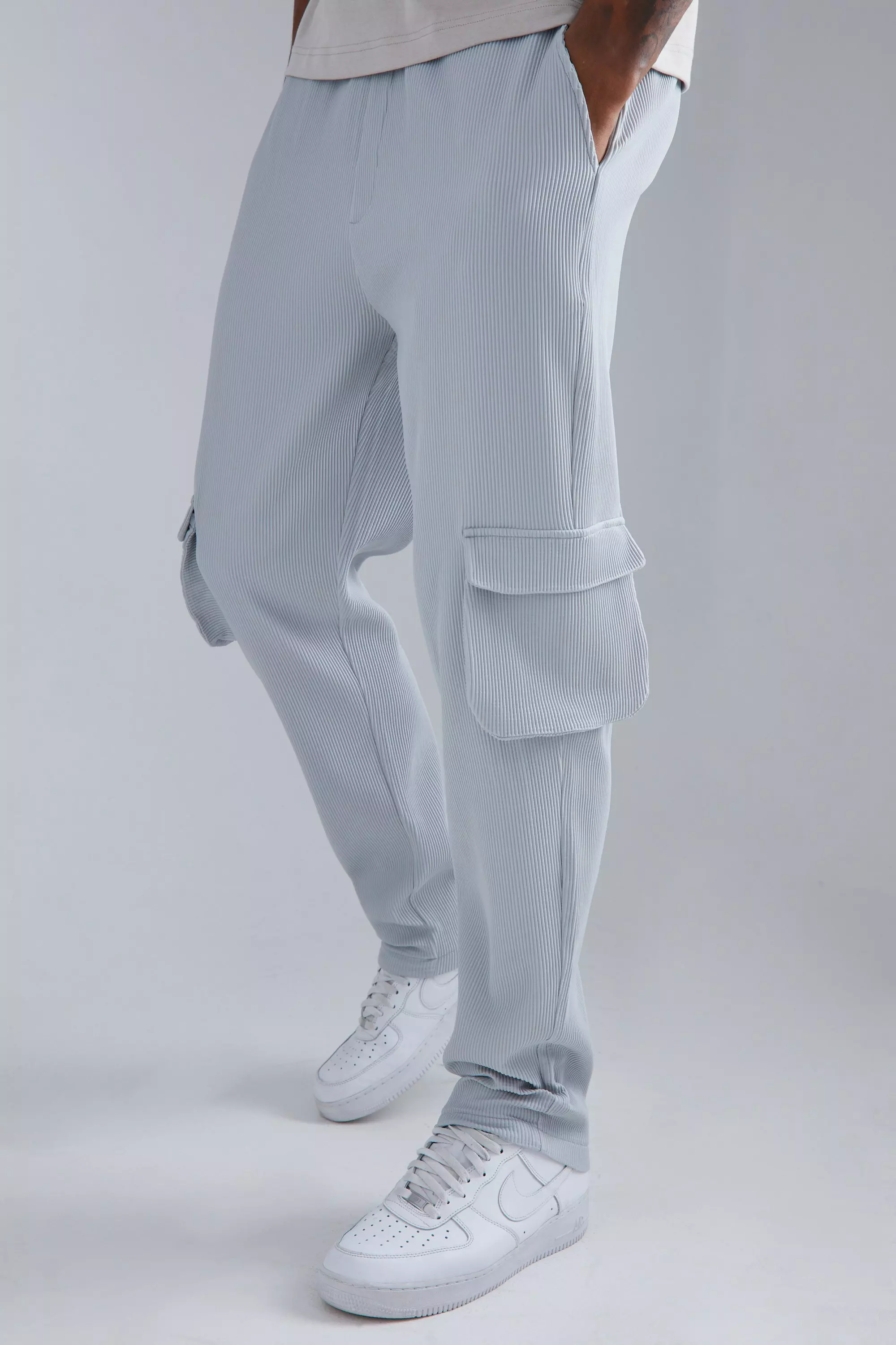 Tall Elastic Waist Tapered Fit Cargo Pleated Pants Light grey